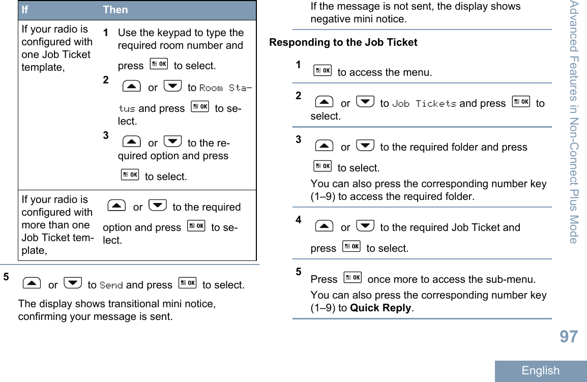 If ThenIf your radio isconfigured withone Job Tickettemplate,1Use the keypad to type therequired room number andpress   to select.2 or   to Room Sta‐tus and press   to se-lect.3 or   to the re-quired option and press to select.If your radio isconfigured withmore than oneJob Ticket tem-plate, or   to the requiredoption and press   to se-lect.5 or   to Send and press   to select.The display shows transitional mini notice,confirming your message is sent.If the message is not sent, the display showsnegative mini notice.Responding to the Job Ticket1 to access the menu.2 or   to Job Tickets and press   toselect.3 or   to the required folder and press to select.You can also press the corresponding number key(1–9) to access the required folder.4 or   to the required Job Ticket andpress   to select.5Press   once more to access the sub-menu.You can also press the corresponding number key(1–9) to Quick Reply.Advanced Features in Non-Connect Plus Mode97English