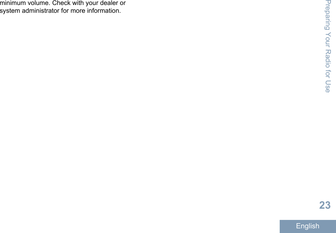 minimum volume. Check with your dealer orsystem administrator for more information.Preparing Your Radio for Use23English