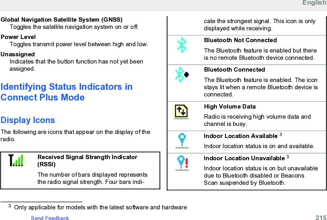 Global Navigation Satellite System (GNSS)Toggles the satellite navigation system on or off.Power LevelToggles transmit power level between high and low.UnassignedIndicates that the button function has not yet beenassigned.Identifying Status Indicators inConnect Plus ModeDisplay IconsThe following are icons that appear on the display of theradio.Received Signal Strength Indicator(RSSI)The number of bars displayed representsthe radio signal strength. Four bars indi-cate the strongest signal. This icon is onlydisplayed while receiving.Bluetooth Not ConnectedThe Bluetooth feature is enabled but thereis no remote Bluetooth device connected.Bluetooth ConnectedThe Bluetooth feature is enabled. The iconstays lit when a remote Bluetooth device isconnected. High Volume DataRadio is receiving high volume data andchannel is busy.Indoor Location Available 3Indoor location status is on and available.Indoor Location Unavailable 3Indoor location status is on but unavailabledue to Bluetooth disabled or BeaconsScan suspended by Bluetooth.3Only applicable for models with the latest software and hardwareEnglishSend Feedback   215