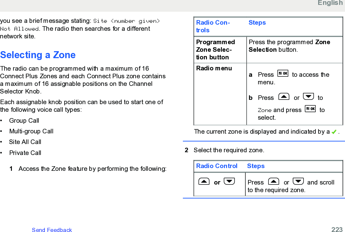 you see a brief message stating: Site &lt;number given&gt;Not Allowed. The radio then searches for a differentnetwork site.Selecting a ZoneThe radio can be programmed with a maximum of 16Connect Plus Zones and each Connect Plus zone containsa maximum of 16 assignable positions on the ChannelSelector Knob.Each assignable knob position can be used to start one ofthe following voice call types:• Group Call• Multi-group Call• Site All Call• Private Call1Access the Zone feature by performing the following:Radio Con-trolsStepsProgrammedZone Selec-tion buttonPress the programmed ZoneSelection button.Radio menu aPress   to access themenu.bPress   or   toZone and press   toselect.The current zone is displayed and indicated by a   .2Select the required zone.Radio Control Steps or  Press   or   and scrollto the required zone.EnglishSend Feedback   223