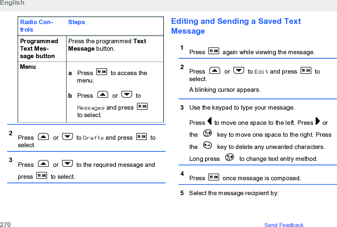 Radio Con-trolsStepsProgrammedText Mes-sage buttonPress the programmed TextMessage button.Menu aPress   to access themenu.bPress   or   toMessages and press to select.2Press   or   to Drafts and press   toselect.3Press   or   to the required message andpress   to select.Editing and Sending a Saved TextMessage1Press   again while viewing the message.2Press   or   to Edit and press   toselect.A blinking cursor appears.3Use the keypad to type your message.Press   to move one space to the left. Press   orthe   key to move one space to the right. Pressthe   key to delete any unwanted characters.Long press   to change text entry method.4Press   once message is composed.5Select the message recipient by:English270   Send Feedback