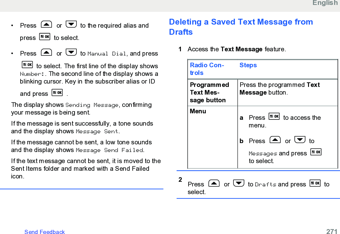 • Press   or   to the required alias andpress   to select.• Press   or   to Manual Dial, and press to select. The first line of the display showsNumber:. The second line of the display shows ablinking cursor. Key in the subscriber alias or IDand press   .The display shows Sending Message, confirmingyour message is being sent.If the message is sent successfully, a tone soundsand the display shows Message Sent.If the message cannot be sent, a low tone soundsand the display shows Message Send Failed.If the text message cannot be sent, it is moved to theSent Items folder and marked with a Send Failedicon.Deleting a Saved Text Message fromDrafts1Access the Text Message feature.Radio Con-trolsStepsProgrammedText Mes-sage buttonPress the programmed TextMessage button.Menu aPress   to access themenu.bPress   or   toMessages and press to select.2Press   or   to Drafts and press   toselect.EnglishSend Feedback   271