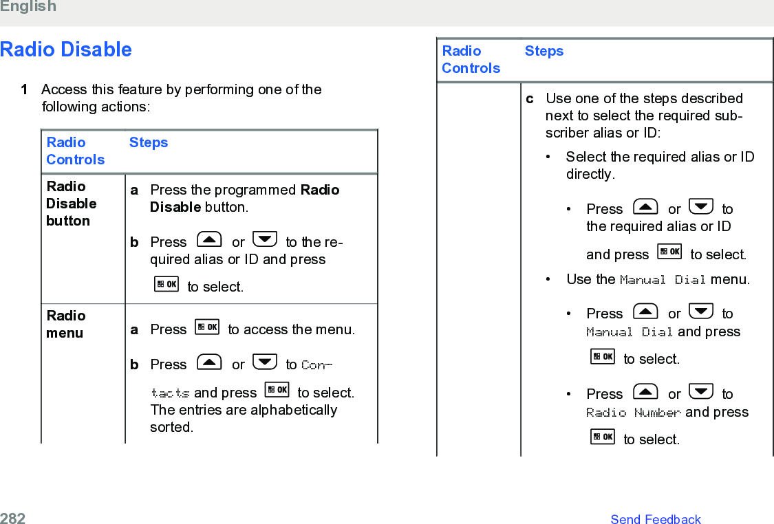 Radio Disable1Access this feature by performing one of thefollowing actions:RadioControlsStepsRadioDisablebuttonaPress the programmed RadioDisable button.bPress   or   to the re-quired alias or ID and press to select.Radiomenu aPress   to access the menu.bPress   or   to Con‐tacts and press   to select.The entries are alphabeticallysorted.RadioControlsStepscUse one of the steps describednext to select the required sub-scriber alias or ID:• Select the required alias or IDdirectly.•Press   or   tothe required alias or IDand press   to select.• Use the Manual Dial menu.• Press   or   toManual Dial and press to select.• Press   or   toRadio Number and press to select.English282   Send Feedback