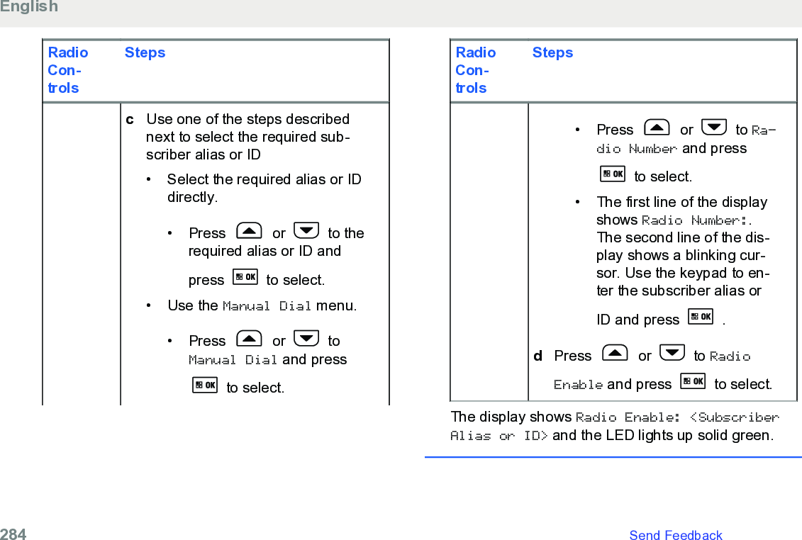 RadioCon-trolsStepscUse one of the steps describednext to select the required sub-scriber alias or ID• Select the required alias or IDdirectly.•Press   or   to therequired alias or ID andpress   to select.• Use the Manual Dial menu.• Press   or   toManual Dial and press to select.RadioCon-trolsSteps• Press   or   to Ra‐dio Number and press to select.• The first line of the displayshows Radio Number:.The second line of the dis-play shows a blinking cur-sor. Use the keypad to en-ter the subscriber alias orID and press   .dPress   or   to RadioEnable and press   to select.The display shows Radio Enable: &lt;SubscriberAlias or ID&gt; and the LED lights up solid green.English284   Send Feedback
