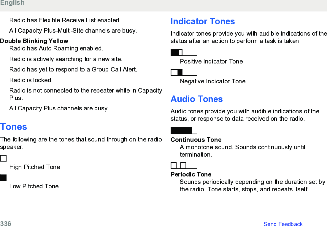 Radio has Flexible Receive List enabled.All Capacity Plus-Multi-Site channels are busy.Double Blinking YellowRadio has Auto Roaming enabled.Radio is actively searching for a new site.Radio has yet to respond to a Group Call Alert.Radio is locked.Radio is not connected to the repeater while in CapacityPlus.All Capacity Plus channels are busy.TonesThe following are the tones that sound through on the radiospeaker.High Pitched ToneLow Pitched ToneIndicator TonesIndicator tones provide you with audible indications of thestatus after an action to perform a task is taken.Positive Indicator ToneNegative Indicator ToneAudio TonesAudio tones provide you with audible indications of thestatus, or response to data received on the radio.Continuous ToneA monotone sound. Sounds continuously untiltermination.Periodic ToneSounds periodically depending on the duration set bythe radio. Tone starts, stops, and repeats itself.English336   Send Feedback