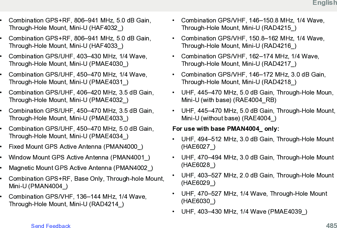 • Combination GPS+RF, 806–941 MHz, 5.0 dB Gain,Through-Hole Mount, Mini-U (HAF4032_)• Combination GPS+RF, 806–941 MHz, 5.0 dB Gain,Through-Hole Mount, Mini-U (HAF4033_)•Combination GPS/UHF, 403–430 MHz, 1/4 Wave,Through-Hole Mount, Mini-U (PMAE4030_)• Combination GPS/UHF, 450–470 MHz, 1/4 Wave,Through-Hole Mount, Mini-U (PMAE4031_)• Combination GPS/UHF, 406–420 MHz, 3.5 dB Gain,Through-Hole Mount, Mini-U (PMAE4032_)• Combination GPS/UHF, 450–470 MHz, 3.5 dB Gain,Through-Hole Mount, Mini-U (PMAE4033_)• Combination GPS/UHF, 450–470 MHz, 5.0 dB Gain,Through-Hole Mount, Mini-U (PMAE4034_)• Fixed Mount GPS Active Antenna (PMAN4000_)• Window Mount GPS Active Antenna (PMAN4001_)• Magnetic Mount GPS Active Antenna (PMAN4002_)• Combination GPS+RF, Base Only, Through-hole Mount,Mini-U (PMAN4004_)• Combination GPS/VHF, 136–144 MHz, 1/4 Wave,Through-Hole Mount, Mini-U (RAD4214_)• Combination GPS/VHF, 146–150.8 MHz, 1/4 Wave,Through-Hole Mount, Mini-U (RAD4215_)• Combination GPS/VHF, 150.8–162 MHz, 1/4 Wave,Through-Hole Mount, Mini-U (RAD4216_)• Combination GPS/VHF, 162–174 MHz, 1/4 Wave,Through-Hole Mount, Mini-U (RAD4217_)• Combination GPS/VHF, 146–172 MHz, 3.0 dB Gain,Through-Hole Mount, Mini-U (RAD4218_)• UHF, 445–470 MHz, 5.0 dB Gain, Through-Hole Moun,Mini-U (with base) (RAE4004_RB)• UHF, 445–470 MHz, 5.0 dB Gain, Through-Hole Mount,Mini-U (without base) (RAE4004_)For use with base PMAN4004_ only:• UHF, 494–512 MHz, 3.0 dB Gain, Through-Hole Mount(HAE6027_)• UHF, 470–494 MHz, 3.0 dB Gain, Through-Hole Mount(HAE6028_)• UHF, 403–527 MHz, 2.0 dB Gain, Through-Hole Mount(HAE6029_)• UHF, 470–527 MHz, 1/4 Wave, Through-Hole Mount(HAE6030_)• UHF, 403–430 MHz, 1/4 Wave (PMAE4039_)EnglishSend Feedback   485