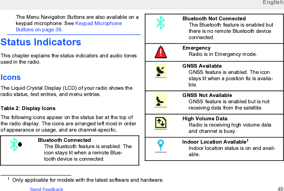 The Menu Navigation Buttons are also available on akeypad microphone. See Keypad MicrophoneButtons on page 39.Status IndicatorsThis chapter explains the status indicators and audio tonesused in the radio.IconsThe Liquid Crystal Display (LCD) of your radio shows theradio status, text entries, and menu entries.Table 2: Display IconsThe following icons appear on the status bar at the top ofthe radio display. The icons are arranged left most in orderof appearance or usage, and are channel-specific.Bluetooth ConnectedThe Bluetooth feature is enabled. Theicon stays lit when a remote Blue-tooth device is connected.Bluetooth Not ConnectedThe Bluetooth feature is enabled butthere is no remote Bluetooth deviceconnected.EmergencyRadio is in Emergency mode.GNSS AvailableGNSS feature is enabled. The iconstays lit when a position fix is availa-ble.GNSS Not AvailableGNSS feature is enabled but is notreceiving data from the satellite.High Volume DataRadio is receiving high volume dataand channel is busy.Indoor Location Available1Indoor location status is on and avail-able.1Only applicable for models with the latest software and hardware.EnglishSend Feedback   49