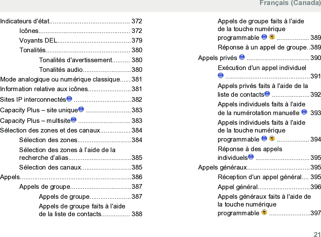 Indicateurs d&apos;état............................................. 372Icônes................................................... 372Voyants DEL.........................................379Tonalités............................................... 380Tonalités d&apos;avertissement.......... 380Tonalités audio...........................380Mode analogique ou numérique classique...... 381Information relative aux icônes........................381Sites IP interconnectés  ................................382Capacity Plus – site unique  .........................383Capacity Plus – multisite  ............................. 383Sélection des zones et des canaux................. 384Sélection des zones..............................384Sélection des zones à l’aide de larecherche d’alias...................................385Sélection des canaux............................385Appels..............................................................386Appels de groupe..................................387Appels de groupe.......................387Appels de groupe faits à l&apos;aidede la liste de contacts................ 388Appels de groupe faits à l&apos;aidede la touche numériqueprogrammable     .................. 389Réponse à un appel de groupe..389Appels privés   ................................... 390Exécution d&apos;un appel individuel ...............................................391Appels privés faits à l&apos;aide de laliste de contacts  ..................... 392Appels individuels faits à l&apos;aidede la numérotation manuelle    393Appels individuels faits à l&apos;aidede la touche numériqueprogrammable     .................. 394Réponse à des appelsindividuels  .............................. 395Appels généraux...................................395Réception d&apos;un appel général.... 395Appel général.............................396Appels généraux faits à l&apos;aide dela touche numériqueprogrammable   .......................397Français (Canada)  21