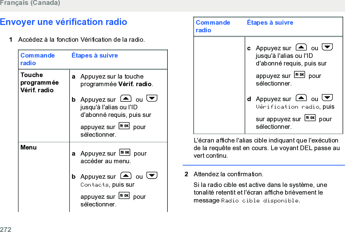 Envoyer une vérification radio1Accédez à la fonction Vérification de la radio.CommanderadioÉtapes à suivreToucheprogramméeVérif. radioaAppuyez sur la toucheprogrammée Vérif. radio.bAppuyez sur   ou jusqu&apos;à l&apos;alias ou l&apos;IDd&apos;abonné requis, puis surappuyez sur   poursélectionner.Menu aAppuyez sur   pouraccéder au menu.bAppuyez sur   ou Contacts, puis surappuyez sur   poursélectionner.CommanderadioÉtapes à suivrecAppuyez sur   ou jusqu&apos;à l&apos;alias ou l&apos;IDd&apos;abonné requis, puis surappuyez sur   poursélectionner.dAppuyez sur   ou Vérification radio, puissur appuyez sur   poursélectionner.L&apos;écran affiche l&apos;alias cible indiquant que l&apos;exécutionde la requête est en cours. Le voyant DEL passe auvert continu.2Attendez la confirmation.Si la radio cible est active dans le système, unetonalité retentit et l&apos;écran affiche brièvement lemessage Radio cible disponible.Français (Canada)272  