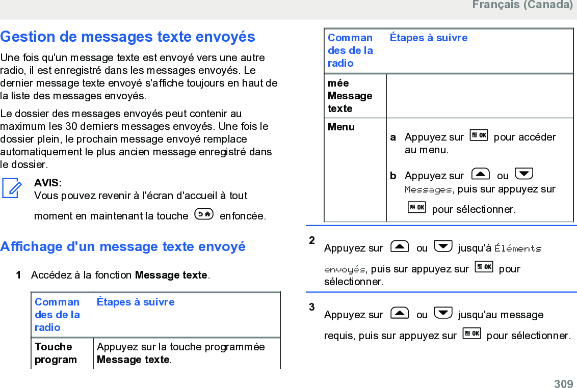 Gestion de messages texte envoyésUne fois qu&apos;un message texte est envoyé vers une autreradio, il est enregistré dans les messages envoyés. Ledernier message texte envoyé s&apos;affiche toujours en haut dela liste des messages envoyés.Le dossier des messages envoyés peut contenir aumaximum les 30 derniers messages envoyés. Une fois ledossier plein, le prochain message envoyé remplaceautomatiquement le plus ancien message enregistré dansle dossier.AVIS:Vous pouvez revenir à l&apos;écran d&apos;accueil à toutmoment en maintenant la touche   enfoncée.Affichage d&apos;un message texte envoyé1Accédez à la fonction Message texte.Commandes de laradioÉtapes à suivreToucheprogramAppuyez sur la touche programméeMessage texte.Commandes de laradioÉtapes à suivreméeMessagetexteMenu aAppuyez sur   pour accéderau menu.bAppuyez sur   ou Messages, puis sur appuyez sur pour sélectionner.2Appuyez sur   ou   jusqu&apos;à Élémentsenvoyés, puis sur appuyez sur   poursélectionner.3Appuyez sur   ou   jusqu&apos;au messagerequis, puis sur appuyez sur   pour sélectionner.Français (Canada)  309