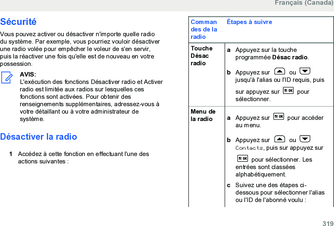 SécuritéVous pouvez activer ou désactiver n&apos;importe quelle radiodu système. Par exemple, vous pourriez vouloir désactiverune radio volée pour empêcher le voleur de s&apos;en servir,puis la réactiver une fois qu&apos;elle est de nouveau en votrepossession.AVIS:L&apos;exécution des fonctions Désactiver radio et Activerradio est limitée aux radios sur lesquelles cesfonctions sont activées. Pour obtenir desrenseignements supplémentaires, adressez-vous àvotre détaillant ou à votre administrateur desystème.Désactiver la radio1Accédez à cette fonction en effectuant l&apos;une desactions suivantes :Commandes de laradioÉtapes à suivreToucheDésacradioaAppuyez sur la toucheprogrammée Désac radio.bAppuyez sur   ou jusqu&apos;à l&apos;alias ou l&apos;ID requis, puissur appuyez sur   poursélectionner.Menu dela radio aAppuyez sur   pour accéderau menu.bAppuyez sur   ou Contacts, puis sur appuyez sur pour sélectionner. Lesentrées sont classéesalphabétiquement.cSuivez une des étapes ci-dessous pour sélectionner l&apos;aliasou l&apos;ID de l&apos;abonné voulu :Français (Canada)  319