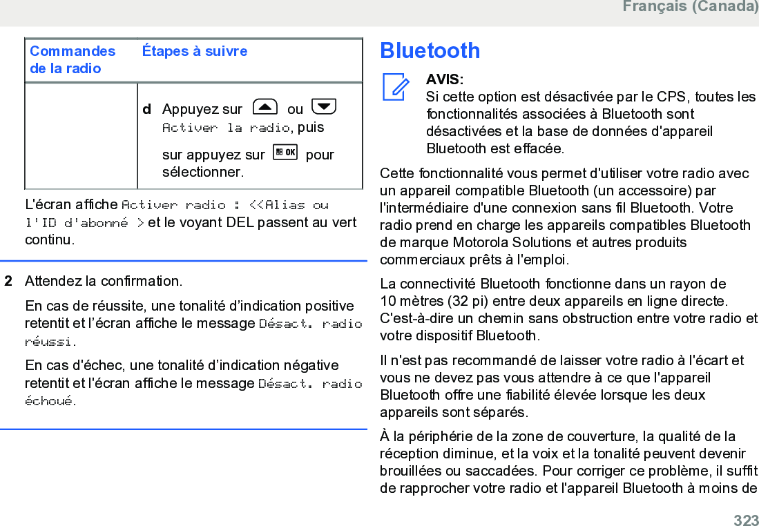 Commandesde la radioÉtapes à suivredAppuyez sur   ou Activer la radio, puissur appuyez sur   poursélectionner.L&apos;écran affiche Activer radio : &lt;&lt;Alias oul&apos;ID d&apos;abonné &gt; et le voyant DEL passent au vertcontinu.2Attendez la confirmation.En cas de réussite, une tonalité d’indication positiveretentit et l’écran affiche le message Désact. radioréussi.En cas d&apos;échec, une tonalité d’indication négativeretentit et l&apos;écran affiche le message Désact. radioéchoué.BluetoothAVIS:Si cette option est désactivée par le CPS, toutes lesfonctionnalités associées à Bluetooth sontdésactivées et la base de données d&apos;appareilBluetooth est effacée.Cette fonctionnalité vous permet d&apos;utiliser votre radio avecun appareil compatible Bluetooth (un accessoire) parl&apos;intermédiaire d&apos;une connexion sans fil Bluetooth. Votreradio prend en charge les appareils compatibles Bluetoothde marque Motorola Solutions et autres produitscommerciaux prêts à l&apos;emploi.La connectivité Bluetooth fonctionne dans un rayon de10 mètres (32 pi) entre deux appareils en ligne directe.C&apos;est-à-dire un chemin sans obstruction entre votre radio etvotre dispositif Bluetooth.Il n&apos;est pas recommandé de laisser votre radio à l&apos;écart etvous ne devez pas vous attendre à ce que l&apos;appareilBluetooth offre une fiabilité élevée lorsque les deuxappareils sont séparés.À la périphérie de la zone de couverture, la qualité de laréception diminue, et la voix et la tonalité peuvent devenirbrouillées ou saccadées. Pour corriger ce problème, il suffitde rapprocher votre radio et l&apos;appareil Bluetooth à moins deFrançais (Canada)  323