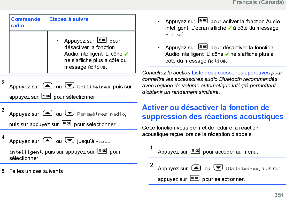 CommanderadioÉtapes à suivre• Appuyez sur   pourdésactiver la fonctionAudio intelligent. L’icône ne s’affiche plus à côté dumessage Activé.2Appuyez sur   ou   Utilitaires, puis surappuyez sur   pour sélectionner.3Appuyez sur   ou   Paramètres radio,puis sur appuyez sur   pour sélectionner.4Appuyez sur   ou   jusqu&apos;à Audiointelligent, puis sur appuyez sur   poursélectionner.5Faites un des suivants :• Appuyez sur   pour activer la fonction Audiointelligent. L’écran affiche   à côté du messageActivé.• Appuyez sur   pour désactiver la fonctionAudio intelligent. L’icône   ne s’affiche plus àcôté du message Activé.Consultez la section Liste des accessoires approuvés pourconnaître les accessoires audio Bluetooth recommandésavec réglage de volume automatique intégré permettantd&apos;obtenir un rendement similaire.Activer ou désactiver la fonction desuppression des réactions acoustiquesCette fonction vous permet de réduire la réactionacoustique reçue lors de la réception d&apos;appels.1Appuyez sur   pour accéder au menu.2Appuyez sur   ou   Utilitaires, puis surappuyez sur   pour sélectionner.Français (Canada)  351