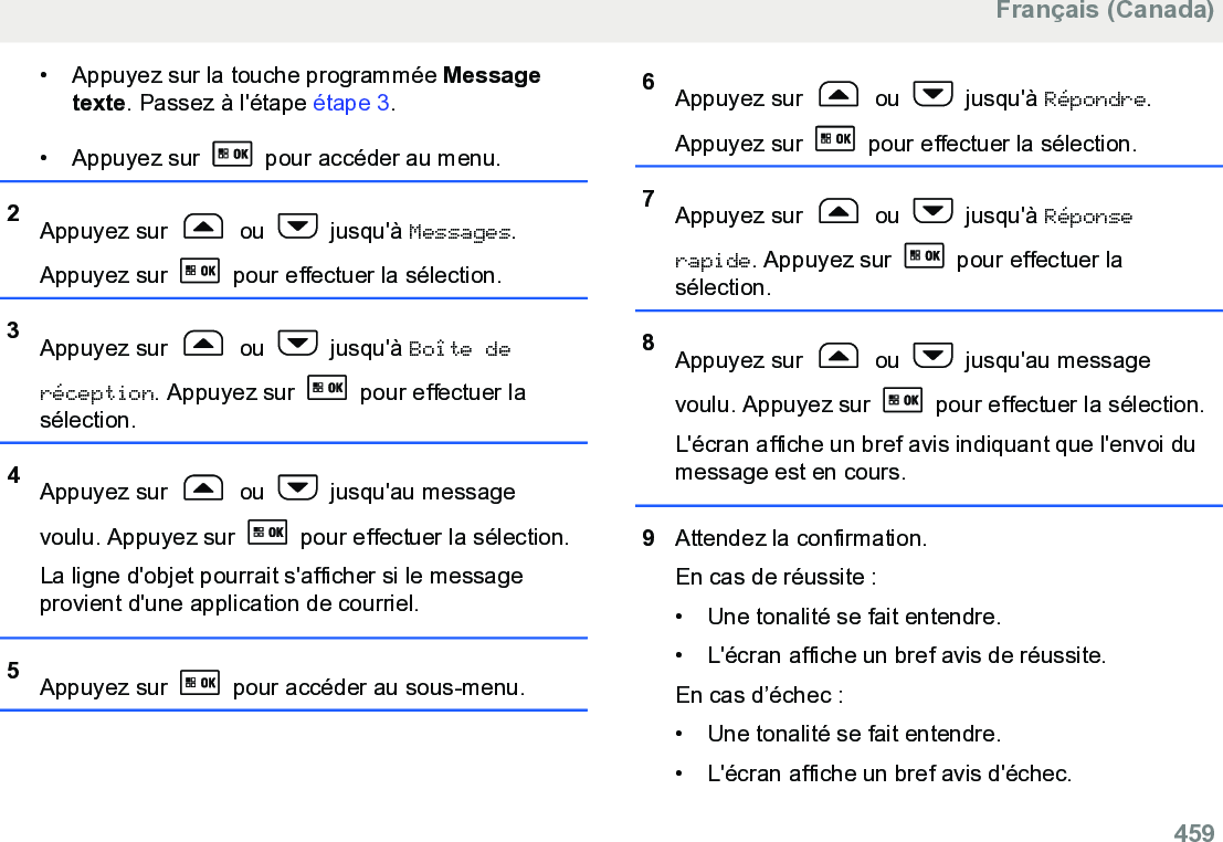 • Appuyez sur la touche programmée Messagetexte. Passez à l&apos;étape étape 3.• Appuyez sur   pour accéder au menu.2Appuyez sur   ou   jusqu&apos;à Messages.Appuyez sur   pour effectuer la sélection.3Appuyez sur   ou   jusqu&apos;à Boîte deréception. Appuyez sur   pour effectuer lasélection.4Appuyez sur   ou   jusqu&apos;au messagevoulu. Appuyez sur   pour effectuer la sélection.La ligne d&apos;objet pourrait s&apos;afficher si le messageprovient d&apos;une application de courriel.5Appuyez sur   pour accéder au sous-menu.6Appuyez sur   ou   jusqu&apos;à Répondre.Appuyez sur   pour effectuer la sélection.7Appuyez sur   ou   jusqu&apos;à Réponserapide. Appuyez sur   pour effectuer lasélection.8Appuyez sur   ou   jusqu&apos;au messagevoulu. Appuyez sur   pour effectuer la sélection.L&apos;écran affiche un bref avis indiquant que l&apos;envoi dumessage est en cours.9Attendez la confirmation.En cas de réussite :• Une tonalité se fait entendre.•L&apos;écran affiche un bref avis de réussite.En cas d’échec :• Une tonalité se fait entendre.• L&apos;écran affiche un bref avis d&apos;échec.Français (Canada)  459