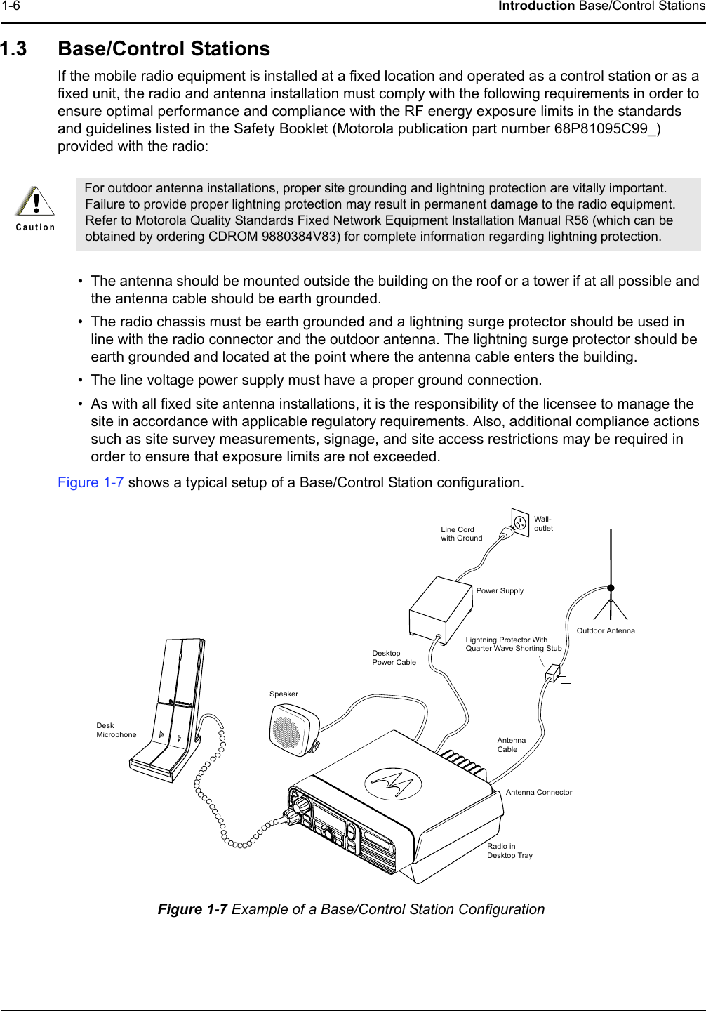 1-6 Introduction Base/Control Stations1.3 Base/Control StationsIf the mobile radio equipment is installed at a fixed location and operated as a control station or as a fixed unit, the radio and antenna installation must comply with the following requirements in order to ensure optimal performance and compliance with the RF energy exposure limits in the standards and guidelines listed in the Safety Booklet (Motorola publication part number 68P81095C99_) provided with the radio: • The antenna should be mounted outside the building on the roof or a tower if at all possible and the antenna cable should be earth grounded.• The radio chassis must be earth grounded and a lightning surge protector should be used in line with the radio connector and the outdoor antenna. The lightning surge protector should be earth grounded and located at the point where the antenna cable enters the building.• The line voltage power supply must have a proper ground connection.• As with all fixed site antenna installations, it is the responsibility of the licensee to manage the site in accordance with applicable regulatory requirements. Also, additional compliance actions such as site survey measurements, signage, and site access restrictions may be required in order to ensure that exposure limits are not exceeded.Figure 1-7 shows a typical setup of a Base/Control Station configuration. Figure 1-7 Example of a Base/Control Station ConfigurationFor outdoor antenna installations, proper site grounding and lightning protection are vitally important. Failure to provide proper lightning protection may result in permanent damage to the radio equipment. Refer to Motorola Quality Standards Fixed Network Equipment Installation Manual R56 (which can be obtained by ordering CDROM 9880384V83) for complete information regarding lightning protection.C a u t i o nCCCCCCCCCCCCCCCCCCCCCCCCCCCCCCCCCCCCSpeakerDeskMicrophonePower SupplyWall-outletRadio in Desktop Tray Line Cord with GroundDesktopPower CableAntenna CableAntenna Connector Outdoor Antenna Lightning Protector With Quarter Wave Shorting Stub