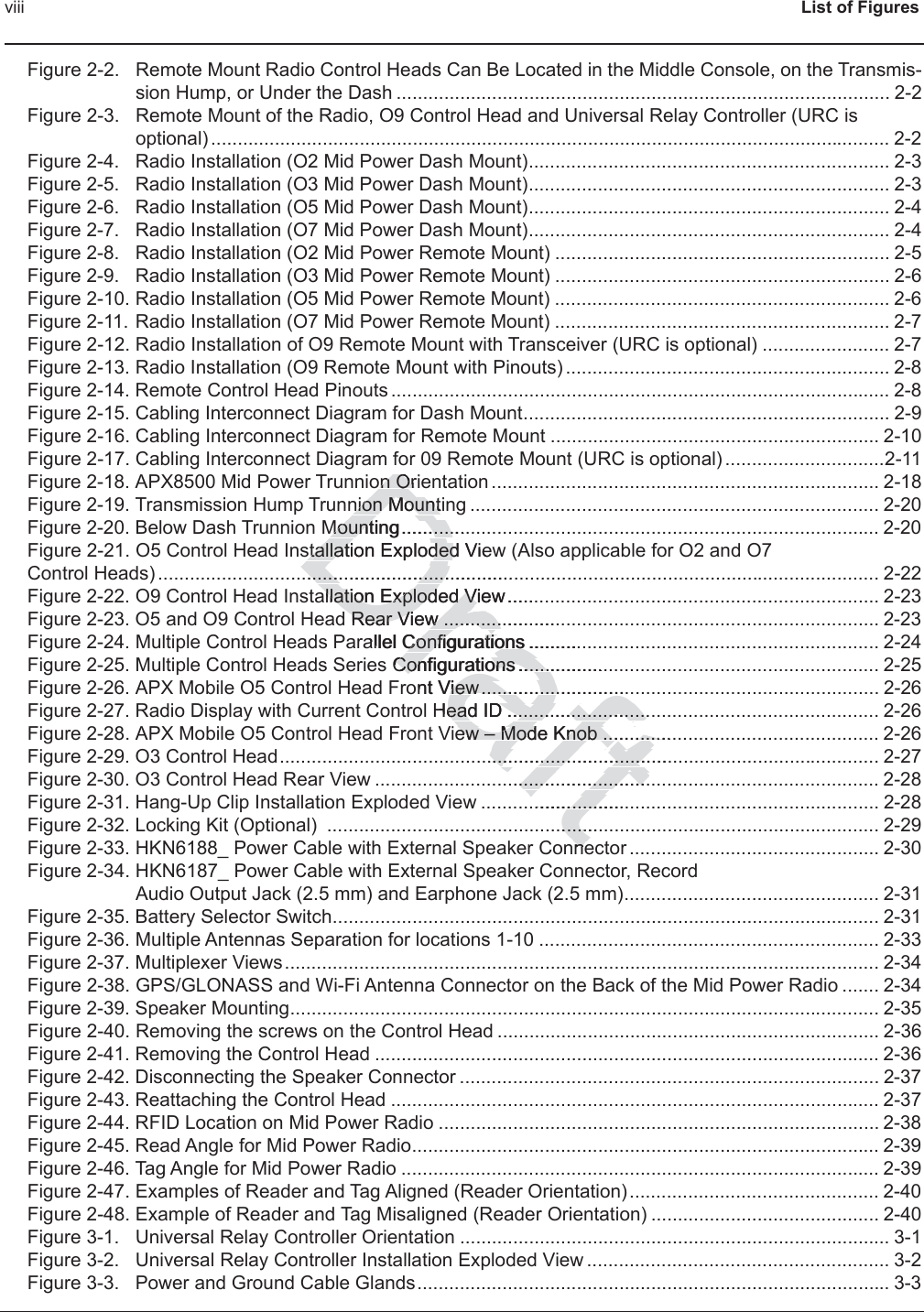 viii List of FiguresFigure 2-2. Remote Mount Radio Control Heads Can Be Located in the Middle Console, on the Transmis-sion Hump, or Under the Dash ............................................................................................. 2-2Figure 2-3. Remote Mount of the Radio, O9 Control Head and Universal Relay Controller (URC is optional) ................................................................................................................................ 2-2Figure 2-4. Radio Installation (O2 Mid Power Dash Mount).................................................................... 2-3Figure 2-5. Radio Installation (O3 Mid Power Dash Mount).................................................................... 2-3Figure 2-6. Radio Installation (O5 Mid Power Dash Mount).................................................................... 2-4Figure 2-7. Radio Installation (O7 Mid Power Dash Mount).................................................................... 2-4Figure 2-8. Radio Installation (O2 Mid Power Remote Mount) ............................................................... 2-5Figure 2-9. Radio Installation (O3 Mid Power Remote Mount) ............................................................... 2-6Figure 2-10. Radio Installation (O5 Mid Power Remote Mount) ............................................................... 2-6Figure 2-11. Radio Installation (O7 Mid Power Remote Mount) ............................................................... 2-7Figure 2-12. Radio Installation of O9 Remote Mount with Transceiver (URC is optional) ........................ 2-7Figure 2-13. Radio Installation (O9 Remote Mount with Pinouts) ............................................................. 2-8Figure 2-14. Remote Control Head Pinouts .............................................................................................. 2-8Figure 2-15. Cabling Interconnect Diagram for Dash Mount..................................................................... 2-9Figure 2-16. Cabling Interconnect Diagram for Remote Mount .............................................................. 2-10Figure 2-17. Cabling Interconnect Diagram for 09 Remote Mount (URC is optional) ..............................2-11Figure 2-18. APX8500 Mid Power Trunnion Orientation ......................................................................... 2-18Figure 2-19. Transmission Hump Trunnion Mounting ............................................................................. 2-20Figure 2-20. Below Dash Trunnion Mounting.......................................................................................... 2-20Figure 2-21. O5 Control Head Installation Exploded View (Also applicable for O2 and O7 Control Heads) ........................................................................................................................................ 2-22Figure 2-22. O9 Control Head Installation Exploded View...................................................................... 2-23Figure 2-23. O5 and O9 Control Head Rear View .................................................................................. 2-23Figure 2-24. Multiple Control Heads Parallel Configurations .................................................................. 2-24Figure 2-25. Multiple Control Heads Series Configurations .................................................................... 2-25Figure 2-26. APX Mobile O5 Control Head Front View........................................................................... 2-26Figure 2-27. Radio Display with Current Control Head ID ...................................................................... 2-26Figure 2-28. APX Mobile O5 Control Head Front View – Mode Knob .................................................... 2-26Figure 2-29. O3 Control Head................................................................................................................. 2-27Figure 2-30. O3 Control Head Rear View ............................................................................................... 2-28Figure 2-31. Hang-Up Clip Installation Exploded View ........................................................................... 2-28Figure 2-32. Locking Kit (Optional)  ........................................................................................................ 2-29Figure 2-33. HKN6188_ Power Cable with External Speaker Connector ............................................... 2-30Figure 2-34. HKN6187_ Power Cable with External Speaker Connector, Record Audio Output Jack (2.5 mm) and Earphone Jack (2.5 mm)................................................ 2-31Figure 2-35. Battery Selector Switch....................................................................................................... 2-31Figure 2-36. Multiple Antennas Separation for locations 1-10 ................................................................ 2-33Figure 2-37. Multiplexer Views................................................................................................................ 2-34Figure 2-38. GPS/GLONASS and Wi-Fi Antenna Connector on the Back of the Mid Power Radio ....... 2-34Figure 2-39. Speaker Mounting............................................................................................................... 2-35Figure 2-40. Removing the screws on the Control Head ........................................................................ 2-36Figure 2-41. Removing the Control Head ............................................................................................... 2-36Figure 2-42. Disconnecting the Speaker Connector ............................................................................... 2-37Figure 2-43. Reattaching the Control Head ............................................................................................ 2-37Figure 2-44. RFID Location on Mid Power Radio ................................................................................... 2-38Figure 2-45. Read Angle for Mid Power Radio........................................................................................ 2-39Figure 2-46. Tag Angle for Mid Power Radio .......................................................................................... 2-39Figure 2-47. Examples of Reader and Tag Aligned (Reader Orientation)............................................... 2-40Figure 2-48. Example of Reader and Tag Misaligned (Reader Orientation) ........................................... 2-40Figure 3-1. Universal Relay Controller Orientation ................................................................................. 3-1Figure 3-2. Universal Relay Controller Installation Exploded View ......................................................... 3-2Figure 3-3. Power and Ground Cable Glands......................................................................................... 3-3Drafton Orion Ornion Mountinion MountMounting...........Mounting...........stallation Explstallatoded Vieded.....................................................................allation Exploded View......allation Exploded Vd Rear View ......................Rear View ...........allel ConfigurConfigations ..........tionConfigurConations ................ons ......ont View...........................View...............Head ID ...........................ead ID ..........................ew – Mode Knob .............ew – Mode Knob .......................................................................................................................................................................................nnenne