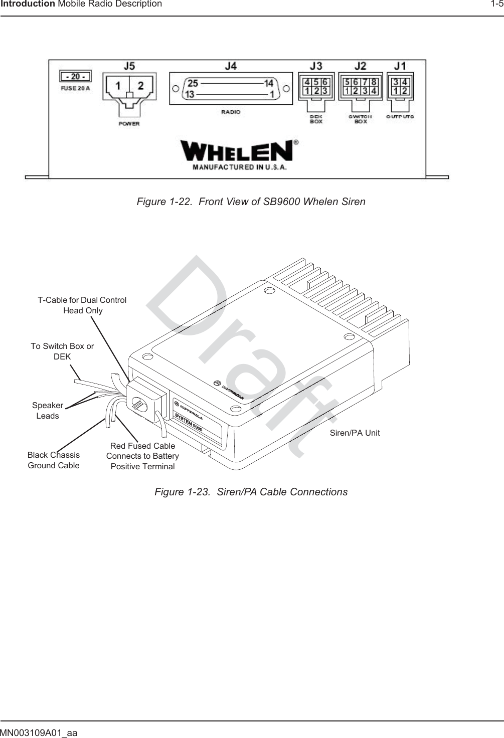 MN003109A01_aaIntroduction Mobile Radio Description 1-5Figure 1-22.  Front View of SB9600 Whelen SirenFigure 1-23.  Siren/PA Cable ConnectionsSiren/PA UnitT-Cable for Dual Control Head OnlyTo Switch Box or DEKSpeaker LeadsRed Fused Cable Connects to Battery Positive TerminalBlack Chassis Ground CableDDraftaftaftraftDrraftraftDraaaaaaaaaaaaaaaaaa