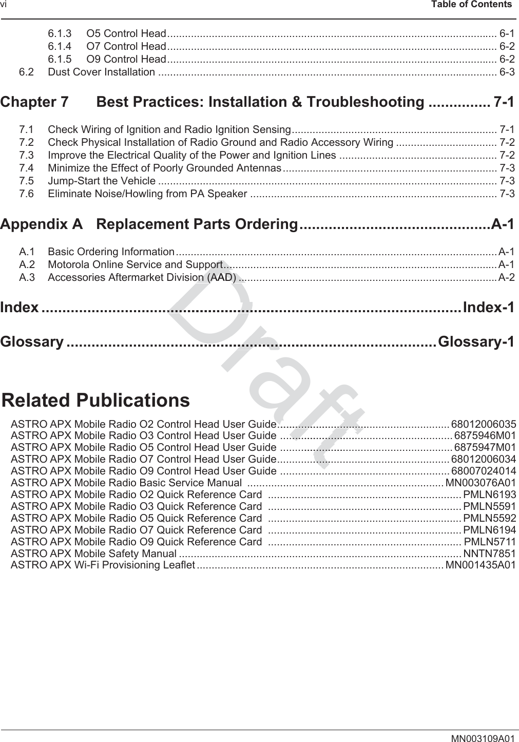 vi                                                                  Table of ContentsMN003109A016.1.3 O5 Control Head............................................................................................................... 6-16.1.4 O7 Control Head............................................................................................................... 6-26.1.5 O9 Control Head............................................................................................................... 6-26.2 Dust Cover Installation .................................................................................................................. 6-3Chapter 7 Best Practices: Installation &amp; Troubleshooting ............... 7-17.1 Check Wiring of Ignition and Radio Ignition Sensing..................................................................... 7-17.2 Check Physical Installation of Radio Ground and Radio Accessory Wiring .................................. 7-27.3 Improve the Electrical Quality of the Power and Ignition Lines ..................................................... 7-27.4 Minimize the Effect of Poorly Grounded Antennas........................................................................ 7-37.5 Jump-Start the Vehicle .................................................................................................................. 7-37.6 Eliminate Noise/Howling from PA Speaker ................................................................................... 7-3Appendix A Replacement Parts Ordering..............................................A-1A.1 Basic Ordering Information ............................................................................................................ A-1A.2 Motorola Online Service and Support............................................................................................ A-1A.3 Accessories Aftermarket Division (AAD) .......................................................................................A-2Index .....................................................................................................Index-1Glossary .........................................................................................Glossary-1Related PublicationsASTRO APX Mobile Radio O2 Control Head User Guide.......................................................... 68012006035ASTRO APX Mobile Radio O3 Control Head User Guide .......................................................... 6875946M01ASTRO APX Mobile Radio O5 Control Head User Guide .......................................................... 6875947M01ASTRO APX Mobile Radio O7 Control Head User Guide.......................................................... 68012006034ASTRO APX Mobile Radio O9 Control Head User Guide ......................................................... 68007024014ASTRO APX Mobile Radio Basic Service Manual  .................................................................. MN003076A01 ASTRO APX Mobile Radio O2 Quick Reference Card  ................................................................. PMLN6193ASTRO APX Mobile Radio O3 Quick Reference Card  ................................................................. PMLN5591ASTRO APX Mobile Radio O5 Quick Reference Card  ................................................................. PMLN5592ASTRO APX Mobile Radio O7 Quick Reference Card  ................................................................. PMLN6194ASTRO APX Mobile Radio O9 Quick Reference Card  ................................................................. PMLN5711ASTRO APX Mobile Safety Manual ............................................................................................... NNTN7851ASTRO APX Wi-Fi Provisioning Leaflet ................................................................................... MN001435A01Draftport....port....on (AAD) ...on (AAD) ........................................................................................................e.................................e..........................................................................................................................