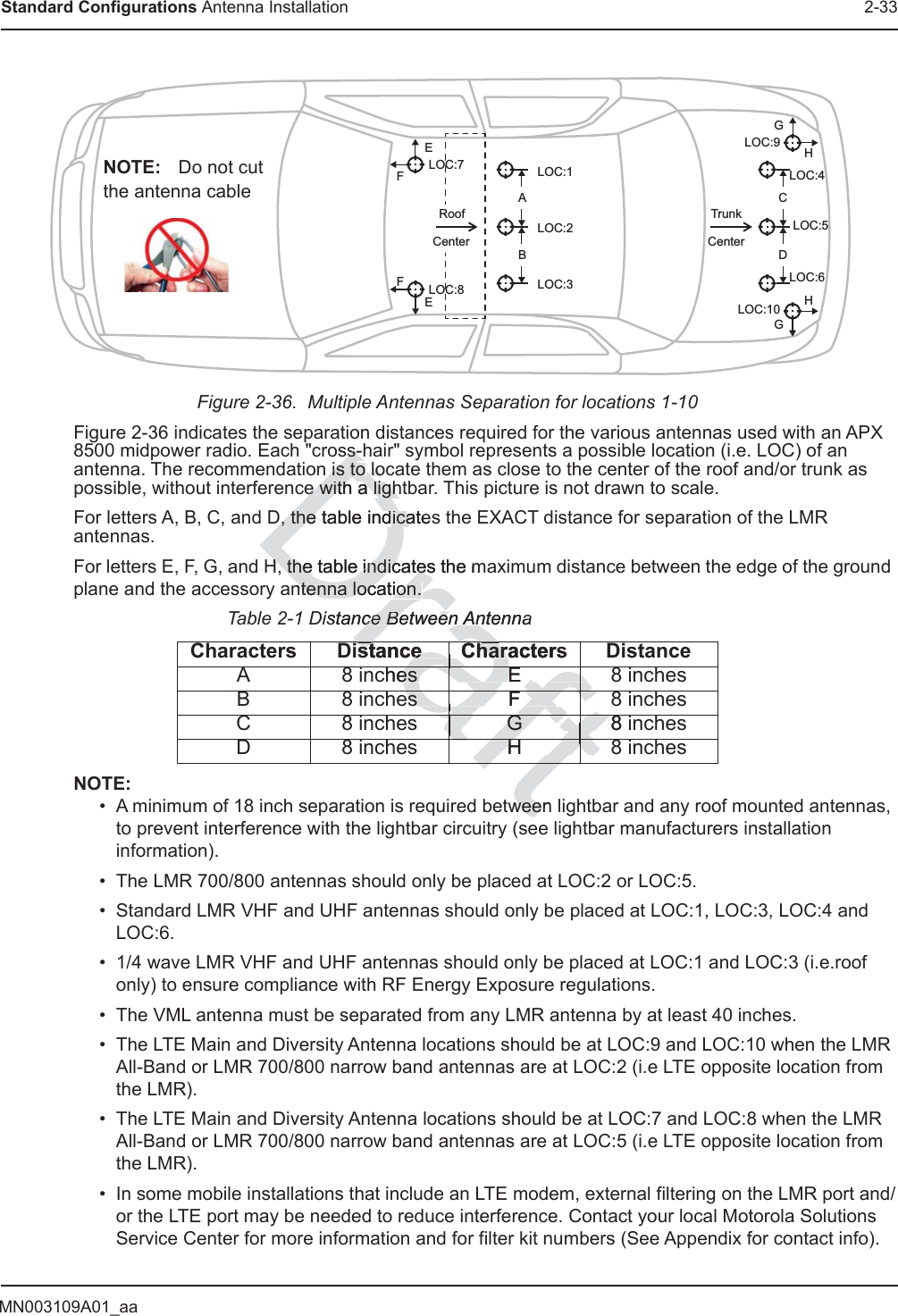 MN003109A01_aaStandard Configurations Antenna Installation 2-33Figure 2-36.  Multiple Antennas Separation for locations 1-10Figure 2-36 indicates the separation distances required for the various antennas used with an APX 8500 midpower radio. Each &quot;cross-hair&quot; symbol represents a possible location (i.e. LOC) of an antenna. The recommendation is to locate them as close to the center of the roof and/or trunk as possible, without interference with a lightbar. This picture is not drawn to scale.For letters A, B, C, and D, the table indicates the EXACT distance for separation of the LMR antennas.For letters E, F, G, and H, the table indicates the maximum distance between the edge of the ground plane and the accessory antenna location. NOTE:• A minimum of 18 inch separation is required between lightbar and any roof mounted antennas, to prevent interference with the lightbar circuitry (see lightbar manufacturers installation information).• The LMR 700/800 antennas should only be placed at LOC:2 or LOC:5.• Standard LMR VHF and UHF antennas should only be placed at LOC:1, LOC:3, LOC:4 and LOC:6.• 1/4 wave LMR VHF and UHF antennas should only be placed at LOC:1 and LOC:3 (i.e.roof only) to ensure compliance with RF Energy Exposure regulations.• The VML antenna must be separated from any LMR antenna by at least 40 inches.• The LTE Main and Diversity Antenna locations should be at LOC:9 and LOC:10 when the LMR All-Band or LMR 700/800 narrow band antennas are at LOC:2 (i.e LTE opposite location from the LMR).• The LTE Main and Diversity Antenna locations should be at LOC:7 and LOC:8 when the LMR All-Band or LMR 700/800 narrow band antennas are at LOC:5 (i.e LTE opposite location from the LMR).• In some mobile installations that include an LTE modem, external filtering on the LMR port and/or the LTE port may be needed to reduce interference. Contact your local Motorola Solutions Service Center for more information and for filter kit numbers (See Appendix for contact info).                                  Table 2-1 Distance Between AntennaCharacters Distance Characters DistanceA 8 inches E 8 inchesB 8 inches F 8 inchesC 8 inches G 8 inchesD 8 inches H 8 inchesFFEGCDGHHELOC:7 LOC:1LOC:2LOC:3ABLOC:8LOC:9LOC:4LOC:5LOC:6LOC:10RoofCenterTrunkCenterNOTE: Do not cut the antenna cableftween weeftaftH8HftaftG8 Gaftaftes F 8es FaftDrafss-hss-his to is to loloe with a lighte with a lighD, the table indicaD, the table indicateH, the table indicates tH, the table indicatehe mntenna location. ntenna location. istance Between Antennace Between Aistance Charactersstance Charches Ees Erafrarafafaftaftft