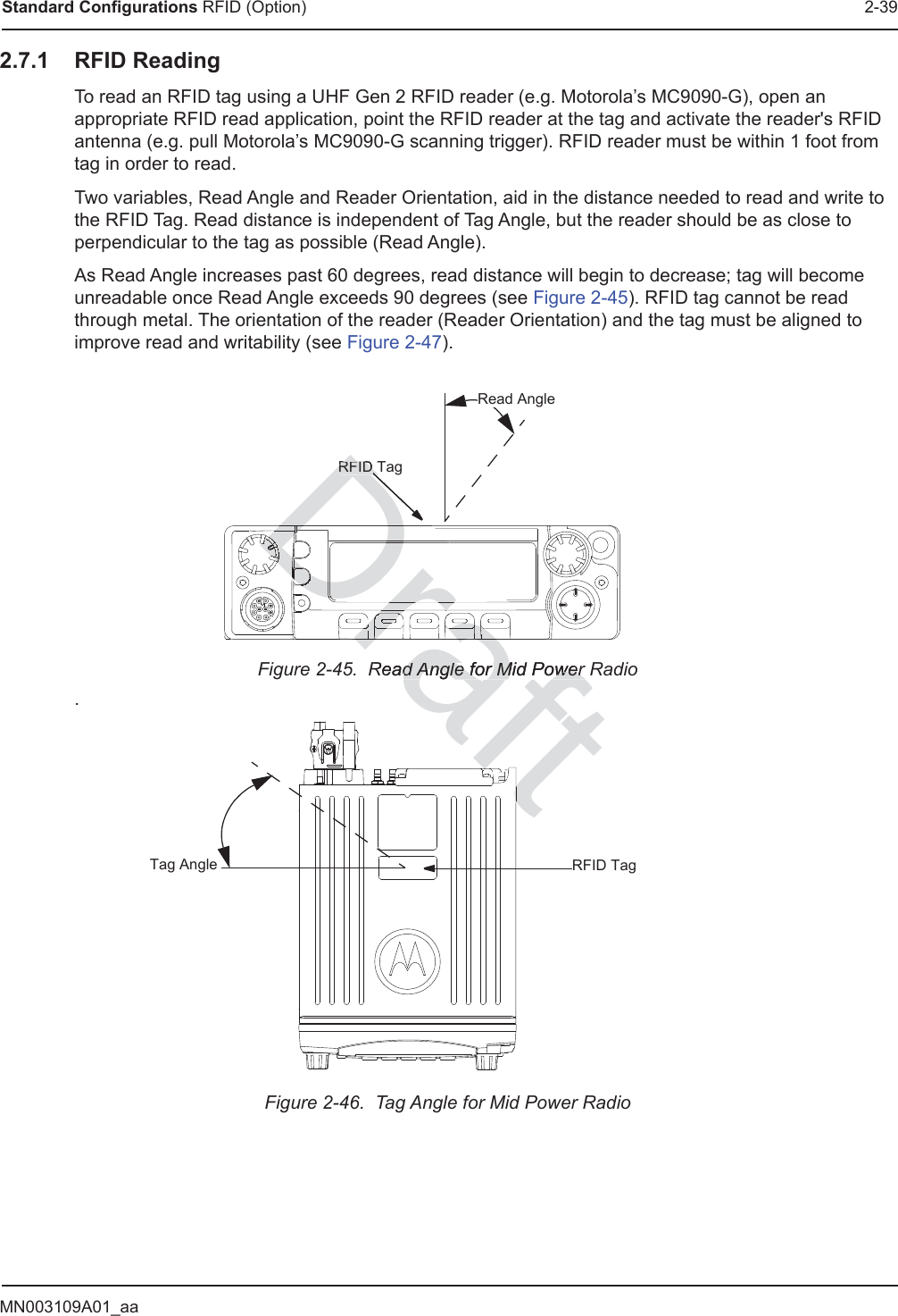 MN003109A01_aaStandard Configurations RFID (Option) 2-392.7.1 RFID ReadingTo read an RFID tag using a UHF Gen 2 RFID reader (e.g. Motorola’s MC9090-G), open an appropriate RFID read application, point the RFID reader at the tag and activate the reader&apos;s RFID antenna (e.g. pull Motorola’s MC9090-G scanning trigger). RFID reader must be within 1 foot from tag in order to read.Two variables, Read Angle and Reader Orientation, aid in the distance needed to read and write to the RFID Tag. Read distance is independent of Tag Angle, but the reader should be as close to perpendicular to the tag as possible (Read Angle).As Read Angle increases past 60 degrees, read distance will begin to decrease; tag will become unreadable once Read Angle exceeds 90 degrees (see Figure 2-45). RFID tag cannot be read through metal. The orientation of the reader (Reader Orientation) and the tag must be aligned to improve read and writability (see Figure 2-47).Figure 2-45.  Read Angle for Mid Power Radio.Figure 2-46.  Tag Angle for Mid Power RadioRead AngleRFID TagRFID TagTag AngleDraftRead Angle for Mid Power d Angle for Mid Power DraDraDDDDDDDDDDDDDDDDDDrarrararararaaaarDrDrDrDraDrDDDDDDDDDDDDDDDDDDDDDDDDrDrrDDDDDDDDDDDDDDDDDDDDDDDDDDDDDDDDDDDDDDDDDDDDDDrDDDDDDDDDDDDDDDDDDDDDDDDDDDDDDDDDDDDDDDDDDDDDDDDDDDDDDDDDDDDDrDrrDDrDDDDDDraDraDraDrarDrDraDrararaDrararrDraDrDrraDraDraDraraDraDraDrararararararaDraDraDrararararararaaaaaaararaararaaaaaaaaaaaaaaaaaaDDDDRFID TRFID Taftftftftftfftftftftftffffftftftffftfftffftftftftftftftftftftftfftftftftftftftftfffffffffffffffffffffffffffffffffffftfffffftffff