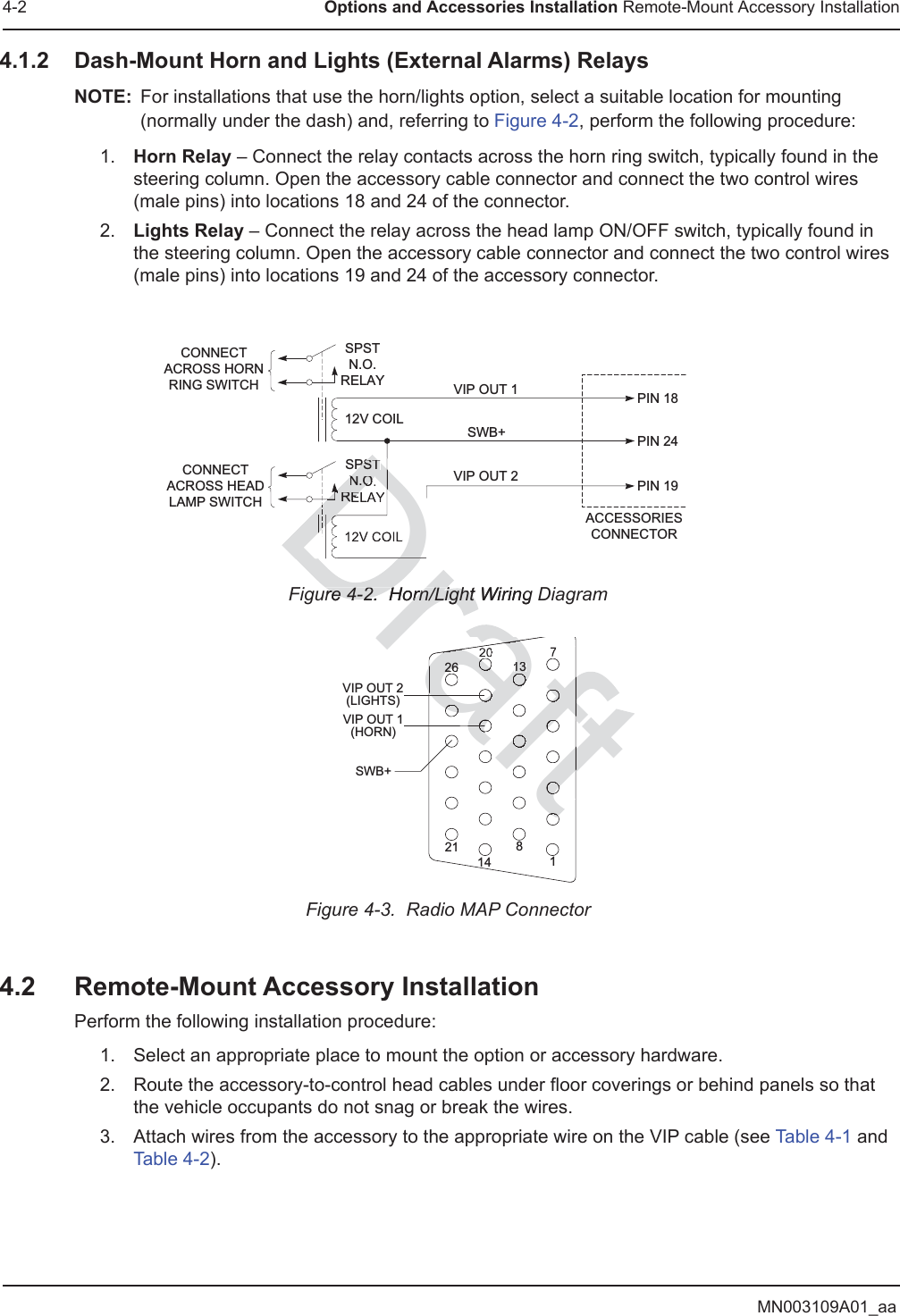 MN003109A01_aa4-2 Options and Accessories Installation Remote-Mount Accessory Installation4.1.2 Dash-Mount Horn and Lights (External Alarms) RelaysNOTE: For installations that use the horn/lights option, select a suitable location for mounting (normally under the dash) and, referring to Figure 4-2, perform the following procedure:1. Horn Relay – Connect the relay contacts across the horn ring switch, typically found in the steering column. Open the accessory cable connector and connect the two control wires (male pins) into locations 18 and 24 of the connector.2. Lights Relay – Connect the relay across the head lamp ON/OFF switch, typically found in the steering column. Open the accessory cable connector and connect the two control wires (male pins) into locations 19 and 24 of the accessory connector.Figure 4-2.  Horn/Light Wiring Diagram Figure 4-3.  Radio MAP Connector4.2 Remote-Mount Accessory InstallationPerform the following installation procedure:1. Select an appropriate place to mount the option or accessory hardware.2. Route the accessory-to-control head cables under floor coverings or behind panels so that the vehicle occupants do not snag or break the wires.3. Attach wires from the accessory to the appropriate wire on the VIP cable (see Table 4-1 and Table 4-2).CONNECTACROSS HORNRING SWITCHCONNECTACROSS HEADLAMP SWITCHSPSTN.O.RELAY12V COIL12V COILVIP OUT 1SWB+VIP OUT 2SPSTN.O.RELAYACCESSORIESCONNECTORPIN 18PIN 24PIN 19SWB+VIP OUT 2(LIGHTS)VIP OUT 1(HORN)1781413202126ure 4-2.  Horn/Light Wiring re 4-2.  Horn/Light DDDDDDDDDDDPSTN.O.REraftrafttftftfftaftafaftaftafaftaafrafafraaa1326