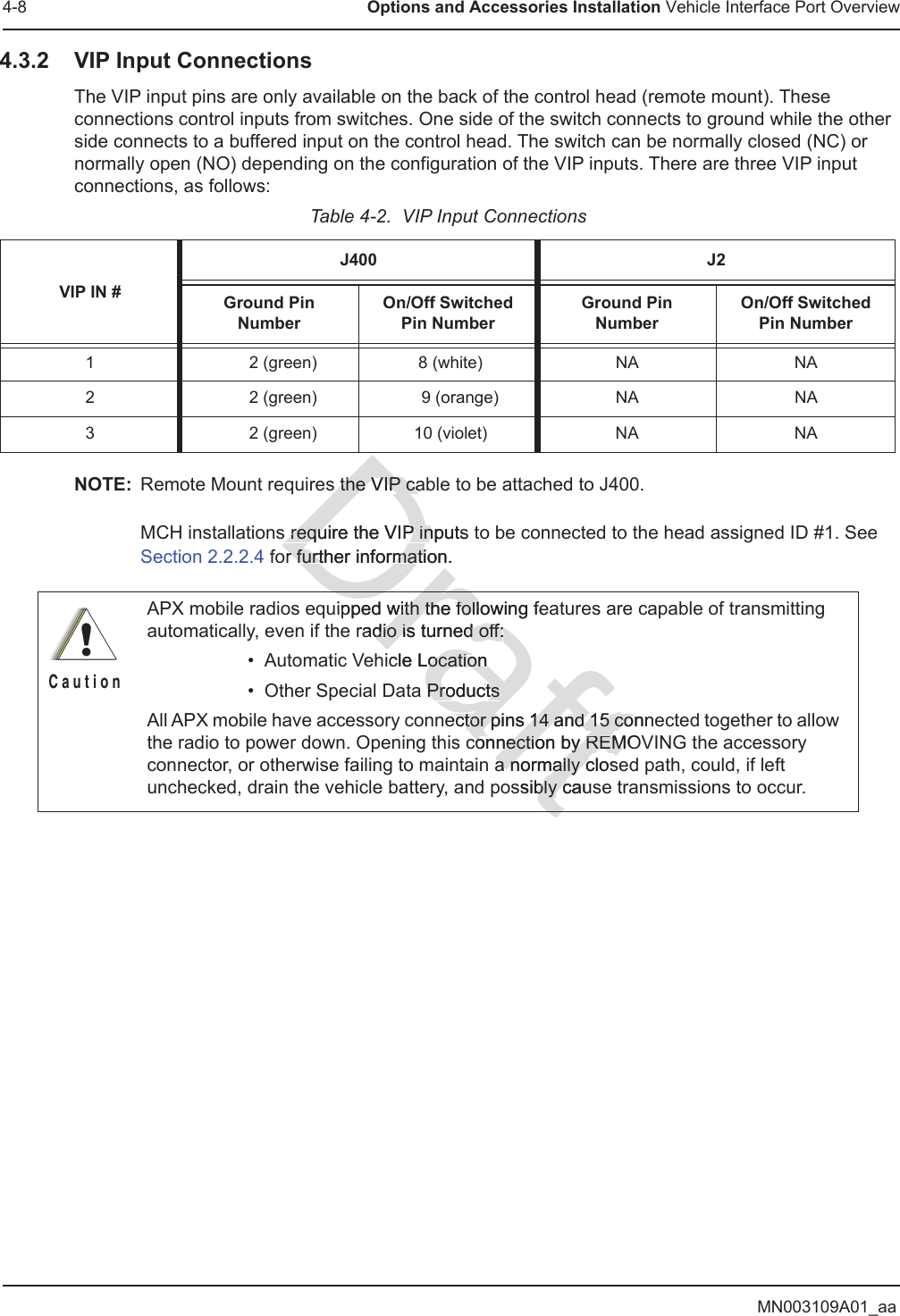 MN003109A01_aa4-8 Options and Accessories Installation Vehicle Interface Port Overview4.3.2 VIP Input ConnectionsThe VIP input pins are only available on the back of the control head (remote mount). These connections control inputs from switches. One side of the switch connects to ground while the other side connects to a buffered input on the control head. The switch can be normally closed (NC) or normally open (NO) depending on the configuration of the VIP inputs. There are three VIP input connections, as follows:NOTE: Remote Mount requires the VIP cable to be attached to J400.  MCH installations require the VIP inputs to be connected to the head assigned ID #1. See Section 2.2.2.4 for further information.Table 4-2.  VIP Input ConnectionsVIP IN #J400 J2Ground Pin NumberOn/Off Switched Pin NumberGround Pin NumberOn/Off Switched Pin Number1       2 (green)  8 (white) NA NA2       2 (green)      9 (orange) NA NA3       2 (green)  10 (violet) NA NAAPX mobile radios equipped with the following features are capable of transmitting automatically, even if the radio is turned off:• Automatic Vehicle Location• Other Special Data ProductsAll APX mobile have accessory connector pins 14 and 15 connected together to allow the radio to power down. Opening this connection by REMOVING the accessory connector, or otherwise failing to maintain a normally closed path, could, if left unchecked, drain the vehicle battery, and possibly cause transmissions to occur.!C a u t i o nDrafts the VIP cas the VIP cas require the VIs requP inputs P inor further information.r further informatiipped with the following fewith the follradio is turned off:dio is turned off:cle Locationocationa ProductsProductsector pins 14 and 15 connector pins 14 and 15 coconnection by REMOconnection by REMa normally closa normally cssibly causbly cDDrt
