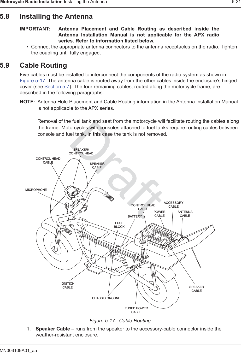 MN003109A01_aaMotorcycle Radio Installation Installing the Antenna 5-215.8 Installing the AntennaIMPORTANT: Antenna Placement and Cable Routing as described inside the Antenna Installation Manual is not applicable for the APX radio series. Refer to information listed below.• Connect the appropriate antenna connectors to the antenna receptacles on the radio. Tighten the coupling until fully engaged.5.9 Cable RoutingFive cables must be installed to interconnect the components of the radio system as shown in Figure 5-17. The antenna cable is routed away from the other cables inside the enclosure’s hinged cover (see Section 5.7). The four remaining cables, routed along the motorcycle frame, are described in the following paragraphs.NOTE: Antenna Hole Placement and Cable Routing information in the Antenna Installation Manual is not applicable to the APX series.  Removal of the fuel tank and seat from the motorcycle will facilitate routing the cables along the frame. Motorcycles with consoles attached to fuel tanks require routing cables between console and fuel tank. In this case the tank is not removed.Figure 5-17.  Cable Routing1. Speaker Cable – runs from the speaker to the accessory-cable connector inside the weather-resistant enclosure.CONTROL HEADCABLESPEAKER/CONTROL HEADSPEAKERCABLEMICROPHONEIGNITIONCABLECHASSIS GROUNDFUSED POWERCABLESPEAKERCABLEANTENNACABLEACCESSORYCABLEPOWERCABLECONTROL HEADCABLEBATTERYFUSEBLOCKandanes with cones with conk. In this nk. In this casecasDraftSPEATROL ERBLECONTROL HEACABLERYtrD