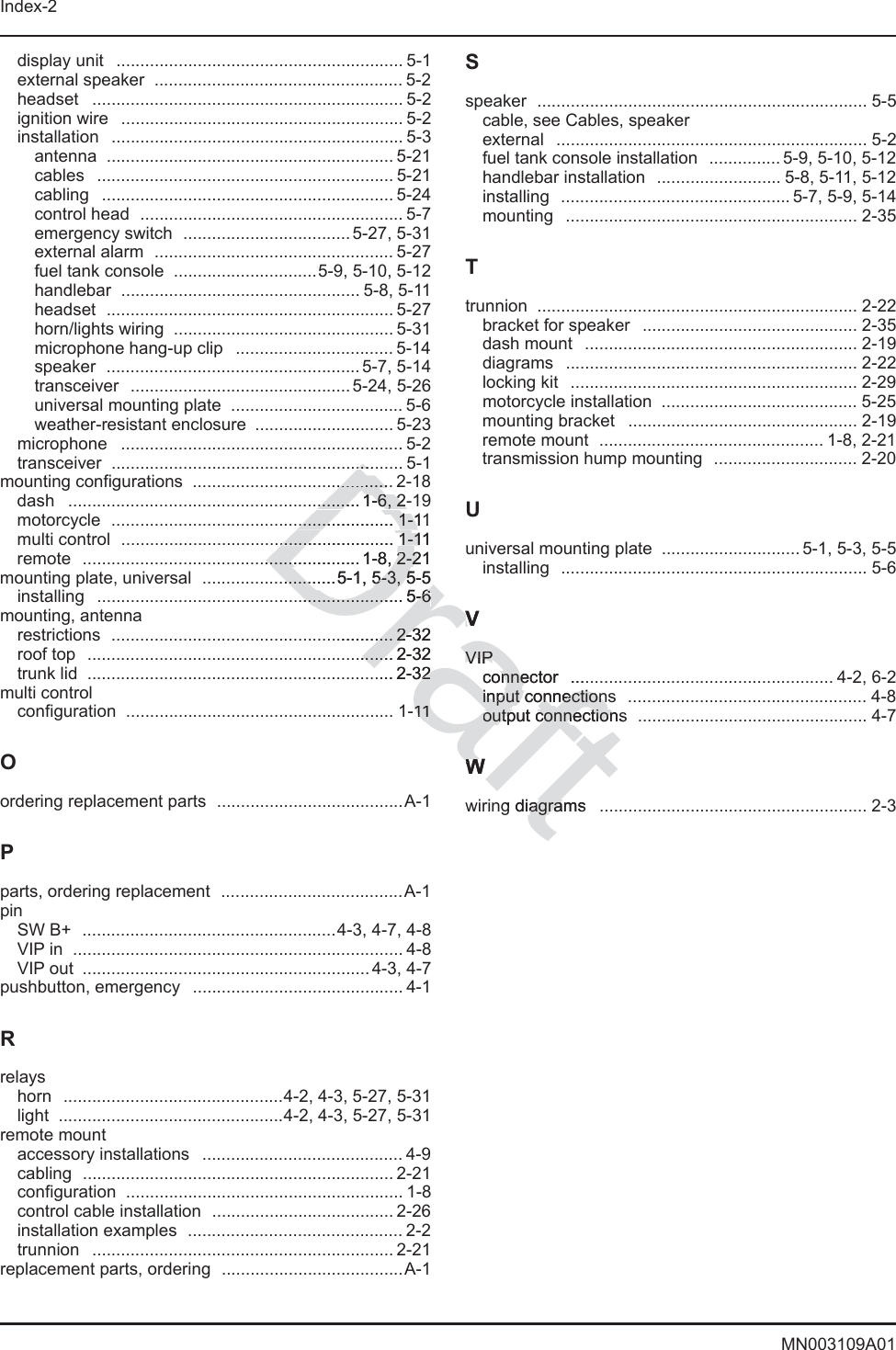 Index-2MN003109A01display unit  ............................................................ 5-1external speaker  .................................................... 5-2headset ................................................................. 5-2ignition wire  ........................................................... 5-2installation ............................................................. 5-3antenna ............................................................ 5-21cables .............................................................. 5-21cabling ............................................................. 5-24control head  ....................................................... 5-7emergency switch  ...................................5-27, 5-31external alarm  .................................................. 5-27fuel tank console  ..............................5-9, 5-10, 5-12handlebar .................................................. 5-8, 5-11headset ............................................................ 5-27horn/lights wiring  .............................................. 5-31microphone hang-up clip  ................................. 5-14speaker ..................................................... 5-7, 5-14transceiver .............................................. 5-24, 5-26universal mounting plate  .................................... 5-6weather-resistant enclosure  ............................. 5-23microphone ........................................................... 5-2transceiver ............................................................. 5-1mounting configurations  .......................................... 2-18dash ............................................................. 1-6, 2-19motorcycle ........................................................... 1-11multi control  ......................................................... 1-11remote ..........................................................1-8, 2-21mounting plate, universal  ............................5-1, 5-3, 5-5installing ................................................................ 5-6mounting, antennarestrictions ........................................................... 2-32roof top  ................................................................ 2-32trunk lid  ................................................................ 2-32multi controlconfiguration ........................................................ 1-11Oordering replacement parts  .......................................A-1Pparts, ordering replacement  ......................................A-1pinSW B+  .....................................................4-3, 4-7, 4-8VIP in  ..................................................................... 4-8VIP out  ............................................................ 4-3, 4-7pushbutton, emergency  ............................................ 4-1Rrelayshorn  ..............................................4-2, 4-3, 5-27, 5-31light  ...............................................4-2, 4-3, 5-27, 5-31remote mountaccessory installations  .......................................... 4-9cabling ................................................................. 2-21configuration .......................................................... 1-8control cable installation  ...................................... 2-26installation examples  ............................................. 2-2trunnion ............................................................... 2-21replacement parts, ordering  ......................................A-1Sspeaker ..................................................................... 5-5cable, see Cables, speakerexternal ................................................................. 5-2fuel tank console installation  ............... 5-9, 5-10, 5-12handlebar installation  .......................... 5-8, 5-11, 5-12installing ................................................ 5-7, 5-9, 5-14mounting ............................................................. 2-35Ttrunnion ................................................................... 2-22bracket for speaker  ............................................. 2-35dash mount  ......................................................... 2-19diagrams ............................................................. 2-22locking kit  ............................................................ 2-29motorcycle installation  ......................................... 5-25mounting bracket  ................................................ 2-19remote mount  ............................................... 1-8, 2-21transmission hump mounting  .............................. 2-20Uuniversal mounting plate  ............................. 5-1, 5-3, 5-5installing ................................................................ 5-6VVIPconnector ....................................................... 4-2, 6-2input connections  .................................................. 4-8output connections  ................................................ 4-7Wwiring diagrams  ........................................................ 2-3Draft.......................................1-6, 2-.........1-6, 2-..................... 1-11..................... 1-1........................ 1-11........................ 1-1.................... 1-8, 2-21.................... 1-8, 2-2................5-1, 5-3, 5-5.....5-1, 5-3, 5....................... 5-6....................... 5-6............. 2-32.... 2-3......... 2-32............ 2-32..... 2-32-1111VVVIPVIPconnector ....onneinput connectionsinput connectionoutput connections output connectionWWg diagrams agra