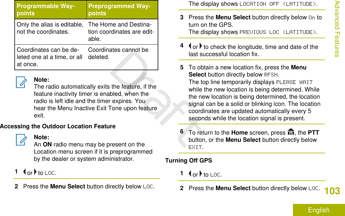 Programmable Way-points Preprogrammed Way-pointsOnly the alias is editable,not the coordinates. The Home and Destina-tion coordinates are edit-able.Coordinates can be de-leted one at a time, or allat once.Coordinates cannot bedeleted.Note:The radio automatically exits the feature, if thefeature inactivity timer is enabled, when theradio is left idle and the timer expires. Youhear the Menu Inactive Exit Tone upon featureexit.Accessing the Outdoor Location FeatureNote:An ON radio menu may be present on theLocation menu screen if it is preprogrammedby the dealer or system administrator.1 or   to LOC.2Press the Menu Select button directly below LOC.The display shows LOCATION OFF &lt;LATITUDE&gt;.3Press the Menu Select button directly below On toturn on the GPS.The display shows PREVIOUS LOC &lt;LATITUDE&gt;.4 or   to check the longitude, time and date of thelast successful location fix.5To obtain a new location fix, press the MenuSelect button directly below RFSH.The top line temporarily displays PLEASE WAITwhile the new location is being determined. Whilethe new location is being determined, the locationsignal can be a solid or blinking icon. The locationcoordinates are updated automatically every 5seconds while the location signal is present.6To return to the Home screen, press  , the PTTbutton, or the Menu Select button directly belowEXIT.Turning Off GPS1 or   to LOC.2Press the Menu Select button directly below LOC.Advanced Features103EnglishDraft