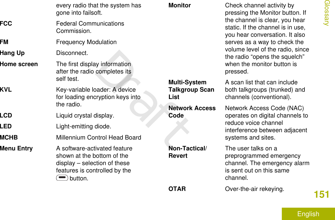 every radio that the system hasgone into failsoft.FCC Federal CommunicationsCommission.FM Frequency ModulationHang Up Disconnect.Home screen The first display informationafter the radio completes itsself test.KVL Key-variable loader: A devicefor loading encryption keys intothe radio.LCD Liquid crystal display.LED Light-emitting diode.MCHB Millennium Control Head BoardMenu Entry A software-activated featureshown at the bottom of thedisplay – selection of thesefeatures is controlled by the button.Monitor Check channel activity bypressing the Monitor button. Ifthe channel is clear, you hearstatic. If the channel is in use,you hear conversation. It alsoserves as a way to check thevolume level of the radio, sincethe radio “opens the squelch”when the monitor button ispressed.Multi-SystemTalkgroup ScanListA scan list that can includeboth talkgroups (trunked) andchannels (conventional).Network AccessCode Network Access Code (NAC)operates on digital channels toreduce voice channelinterference between adjacentsystems and sites.Non-Tactical/Revert The user talks on apreprogrammed emergencychannel. The emergency alarmis sent out on this samechannel.OTAR Over-the-air rekeying.Glossary151EnglishDraft