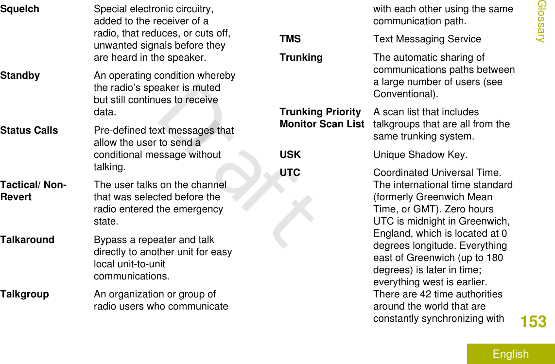 Squelch Special electronic circuitry,added to the receiver of aradio, that reduces, or cuts off,unwanted signals before theyare heard in the speaker.Standby An operating condition wherebythe radio’s speaker is mutedbut still continues to receivedata.Status Calls Pre-defined text messages thatallow the user to send aconditional message withouttalking.Tactical/ Non-Revert The user talks on the channelthat was selected before theradio entered the emergencystate.Talkaround Bypass a repeater and talkdirectly to another unit for easylocal unit-to-unitcommunications.Talkgroup An organization or group ofradio users who communicatewith each other using the samecommunication path.TMS Text Messaging ServiceTrunking The automatic sharing ofcommunications paths betweena large number of users (seeConventional).Trunking PriorityMonitor Scan List A scan list that includestalkgroups that are all from thesame trunking system.USK Unique Shadow Key.UTC Coordinated Universal Time.The international time standard(formerly Greenwich MeanTime, or GMT). Zero hoursUTC is midnight in Greenwich,England, which is located at 0degrees longitude. Everythingeast of Greenwich (up to 180degrees) is later in time;everything west is earlier.There are 42 time authoritiesaround the world that areconstantly synchronizing withGlossary153EnglishDraft
