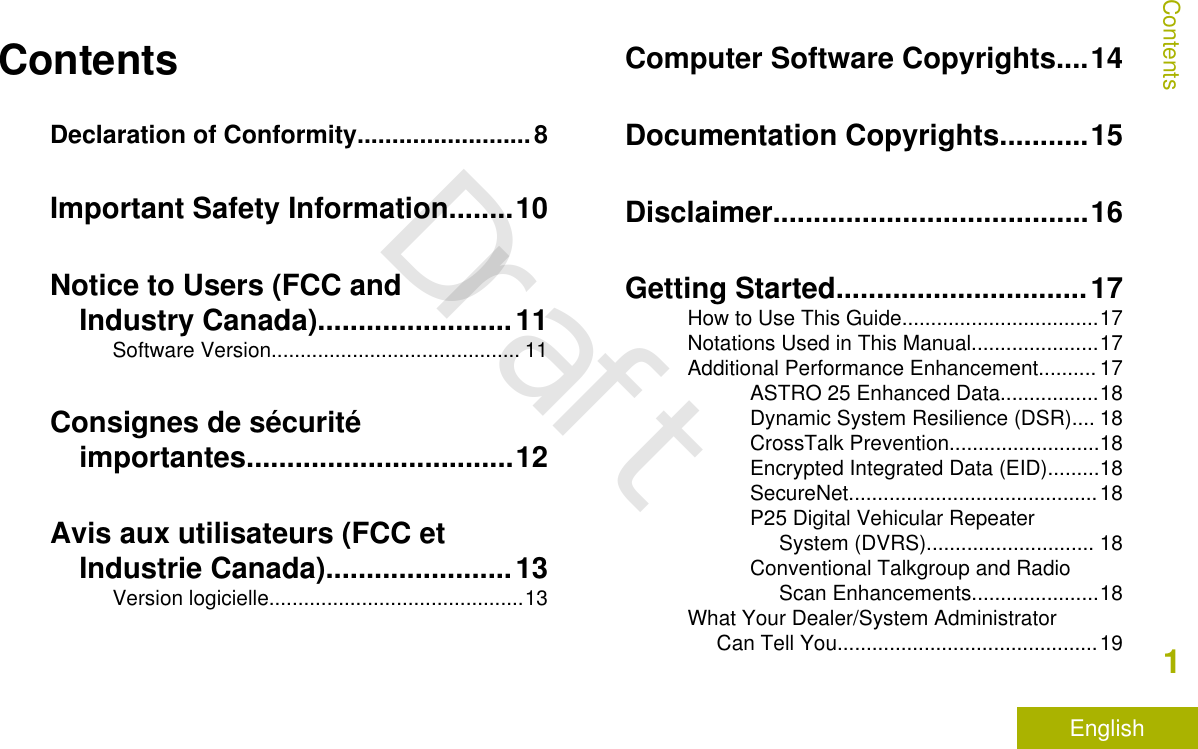 ContentsDeclaration of Conformity.........................8Important Safety Information........10Notice to Users (FCC andIndustry Canada)........................11Software Version........................................... 11Consignes de sécuritéimportantes.................................12Avis aux utilisateurs (FCC etIndustrie Canada).......................13Version logicielle............................................13Computer Software Copyrights....14Documentation Copyrights...........15Disclaimer.......................................16Getting Started...............................17How to Use This Guide..................................17Notations Used in This Manual......................17Additional Performance Enhancement.......... 17ASTRO 25 Enhanced Data.................18Dynamic System Resilience (DSR).... 18CrossTalk Prevention..........................18Encrypted Integrated Data (EID).........18SecureNet...........................................18P25 Digital Vehicular RepeaterSystem (DVRS)............................. 18Conventional Talkgroup and RadioScan Enhancements......................18What Your Dealer/System AdministratorCan Tell You.............................................19Contents1EnglishDraft