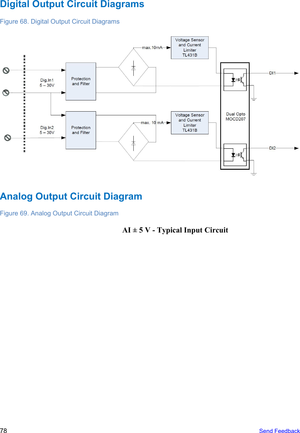    Digital Output Circuit Diagrams Figure 68. Digital Output Circuit Diagrams  Analog Output Circuit Diagram Figure 69. Analog Output Circuit Diagram AI ± 5 V - Typical Input Circuit  78   Send Feedback  