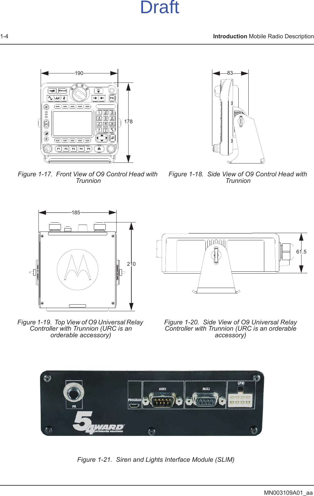 MN003109A01_aa1-4 Introduction Mobile Radio DescriptionFigure 1-21.  Siren and Lights Interface Module (SLIM)Figure 1-17.  Front View of O9 Control Head with TrunnionFigure 1-18.  Side View of O9 Control Head with TrunnionFigure 1-19.  Top View of O9 Universal Relay Controller with Trunnion (URC is an orderable accessory)Figure 1-20.  Side View of O9 Universal Relay Controller with Trunnion (URC is an orderable accessory)178190 8318521061.5Draft