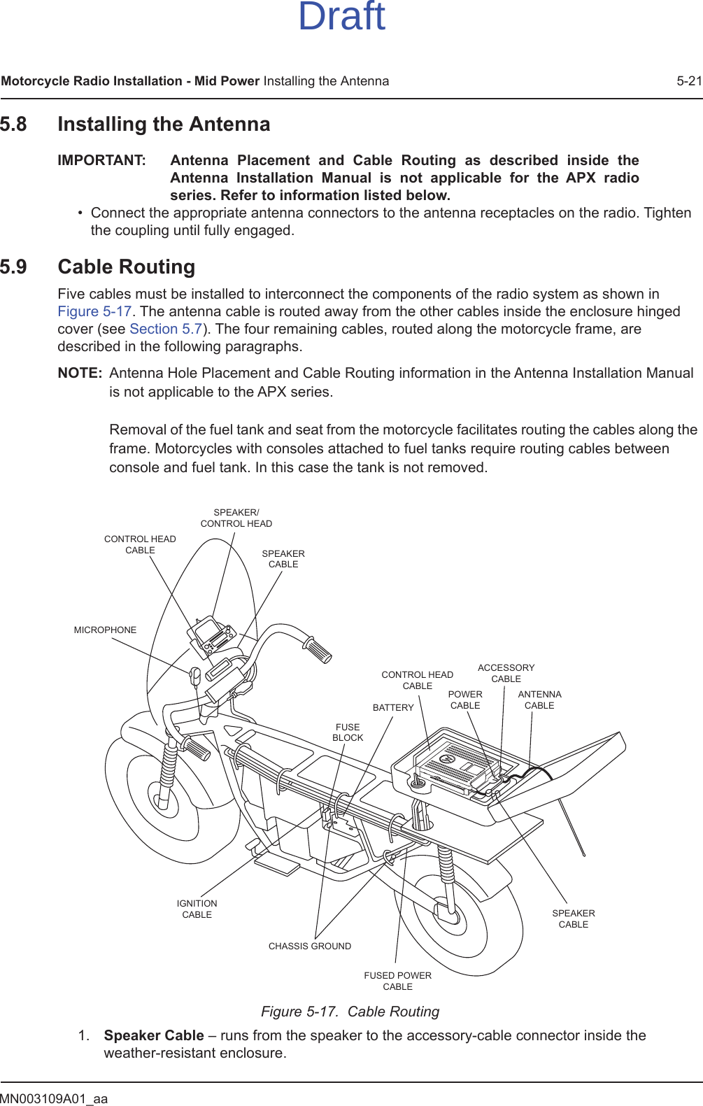 MN003109A01_aaMotorcycle Radio Installation - Mid Power Installing the Antenna 5-215.8 Installing the AntennaIMPORTANT: Antenna Placement and Cable Routing as described inside the Antenna Installation Manual is not applicable for the APX radio series. Refer to information listed below.• Connect the appropriate antenna connectors to the antenna receptacles on the radio. Tighten the coupling until fully engaged.5.9 Cable RoutingFive cables must be installed to interconnect the components of the radio system as shown in Figure 5-17. The antenna cable is routed away from the other cables inside the enclosure hinged cover (see Section 5.7). The four remaining cables, routed along the motorcycle frame, are described in the following paragraphs.NOTE: Antenna Hole Placement and Cable Routing information in the Antenna Installation Manual is not applicable to the APX series.  Removal of the fuel tank and seat from the motorcycle facilitates routing the cables along the frame. Motorcycles with consoles attached to fuel tanks require routing cables between console and fuel tank. In this case the tank is not removed.Figure 5-17.  Cable Routing1. Speaker Cable – runs from the speaker to the accessory-cable connector inside the weather-resistant enclosure.CONTROL HEADCABLESPEAKER/CONTROL HEADSPEAKERCABLEMICROPHONEIGNITIONCABLECHASSIS GROUNDFUSED POWERCABLESPEAKERCABLEANTENNACABLEACCESSORYCABLEPOWERCABLECONTROL HEADCABLEBATTERYFUSEBLOCKDraft