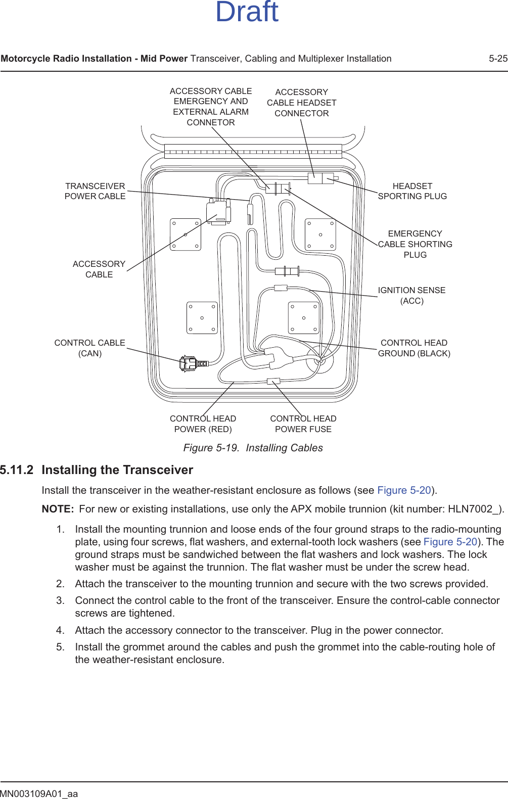 MN003109A01_aaMotorcycle Radio Installation - Mid Power Transceiver, Cabling and Multiplexer Installation 5-25Figure 5-19.  Installing Cables5.11.2 Installing the TransceiverInstall the transceiver in the weather-resistant enclosure as follows (see Figure 5-20).NOTE: For new or existing installations, use only the APX mobile trunnion (kit number: HLN7002_).1. Install the mounting trunnion and loose ends of the four ground straps to the radio-mounting plate, using four screws, flat washers, and external-tooth lock washers (see Figure 5-20). The ground straps must be sandwiched between the flat washers and lock washers. The lock washer must be against the trunnion. The flat washer must be under the screw head.2. Attach the transceiver to the mounting trunnion and secure with the two screws provided.3. Connect the control cable to the front of the transceiver. Ensure the control-cable connector screws are tightened.4. Attach the accessory connector to the transceiver. Plug in the power connector.5. Install the grommet around the cables and push the grommet into the cable-routing hole of the weather-resistant enclosure.ACCESSORYCABLETRANSCEIVERPOWER CABLEACCESSORY CABLEEMERGENCY ANDEXTERNAL ALARMCONNETORACCESSORYCABLE HEADSETCONNECTORHEADSETSPORTING PLUGEMERGENCYCABLE SHORTINGPLUGIGNITION SENSE(ACC)CONTROL HEADGROUND (BLACK)CONTROL HEADPOWER FUSECONTROL CABLE(CAN)CONTROL HEADPOWER (RED)Draft