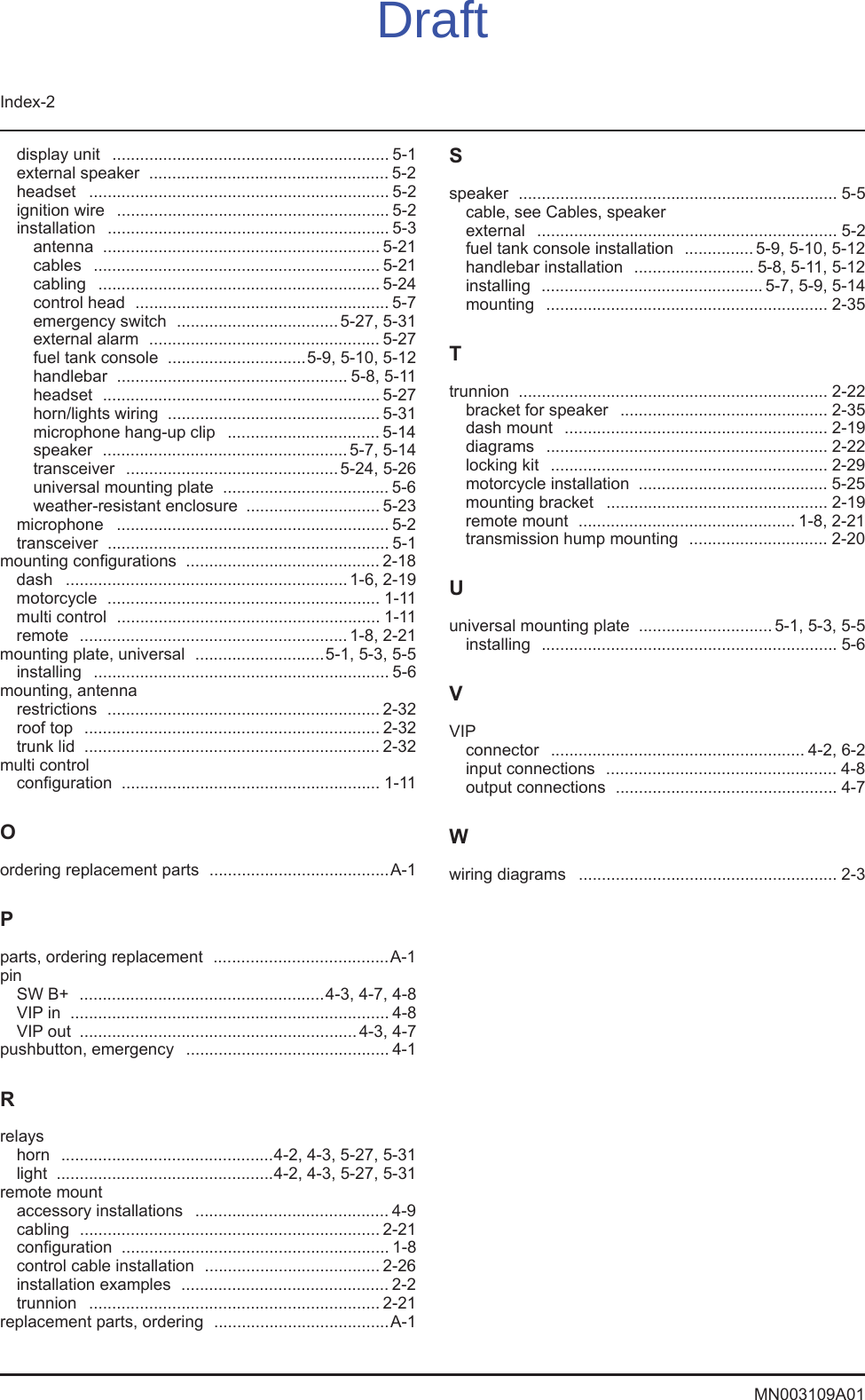 Index-2MN003109A01display unit  ............................................................ 5-1external speaker  .................................................... 5-2headset ................................................................. 5-2ignition wire  ........................................................... 5-2installation ............................................................. 5-3antenna ............................................................ 5-21cables .............................................................. 5-21cabling ............................................................. 5-24control head  ....................................................... 5-7emergency switch  ................................... 5-27, 5-31external alarm  .................................................. 5-27fuel tank console  ..............................5-9, 5-10, 5-12handlebar .................................................. 5-8, 5-11headset ............................................................ 5-27horn/lights wiring  .............................................. 5-31microphone hang-up clip  ................................. 5-14speaker .....................................................5-7, 5-14transceiver .............................................. 5-24, 5-26universal mounting plate  .................................... 5-6weather-resistant enclosure  ............................. 5-23microphone ........................................................... 5-2transceiver ............................................................. 5-1mounting configurations  .......................................... 2-18dash ............................................................. 1-6, 2-19motorcycle ........................................................... 1-11multi control  ......................................................... 1-11remote ..........................................................1-8, 2-21mounting plate, universal  ............................5-1, 5-3, 5-5installing ................................................................ 5-6mounting, antennarestrictions ........................................................... 2-32roof top  ................................................................ 2-32trunk lid  ................................................................ 2-32multi controlconfiguration ........................................................ 1-11Oordering replacement parts  .......................................A-1Pparts, ordering replacement  ......................................A-1pinSW B+  .....................................................4-3, 4-7, 4-8VIP in  ..................................................................... 4-8VIP out  ............................................................ 4-3, 4-7pushbutton, emergency  ............................................ 4-1Rrelayshorn  ..............................................4-2, 4-3, 5-27, 5-31light  ...............................................4-2, 4-3, 5-27, 5-31remote mountaccessory installations  .......................................... 4-9cabling ................................................................. 2-21configuration .......................................................... 1-8control cable installation  ...................................... 2-26installation examples  ............................................. 2-2trunnion ............................................................... 2-21replacement parts, ordering  ......................................A-1Sspeaker ..................................................................... 5-5cable, see Cables, speakerexternal ................................................................. 5-2fuel tank console installation  ............... 5-9, 5-10, 5-12handlebar installation  .......................... 5-8, 5-11, 5-12installing ................................................ 5-7, 5-9, 5-14mounting ............................................................. 2-35Ttrunnion ................................................................... 2-22bracket for speaker  ............................................. 2-35dash mount  ......................................................... 2-19diagrams ............................................................. 2-22locking kit  ............................................................ 2-29motorcycle installation  ......................................... 5-25mounting bracket  ................................................ 2-19remote mount  ............................................... 1-8, 2-21transmission hump mounting  .............................. 2-20Uuniversal mounting plate  ............................. 5-1, 5-3, 5-5installing ................................................................ 5-6VVIPconnector ....................................................... 4-2, 6-2input connections  .................................................. 4-8output connections  ................................................ 4-7Wwiring diagrams  ........................................................ 2-3Draft