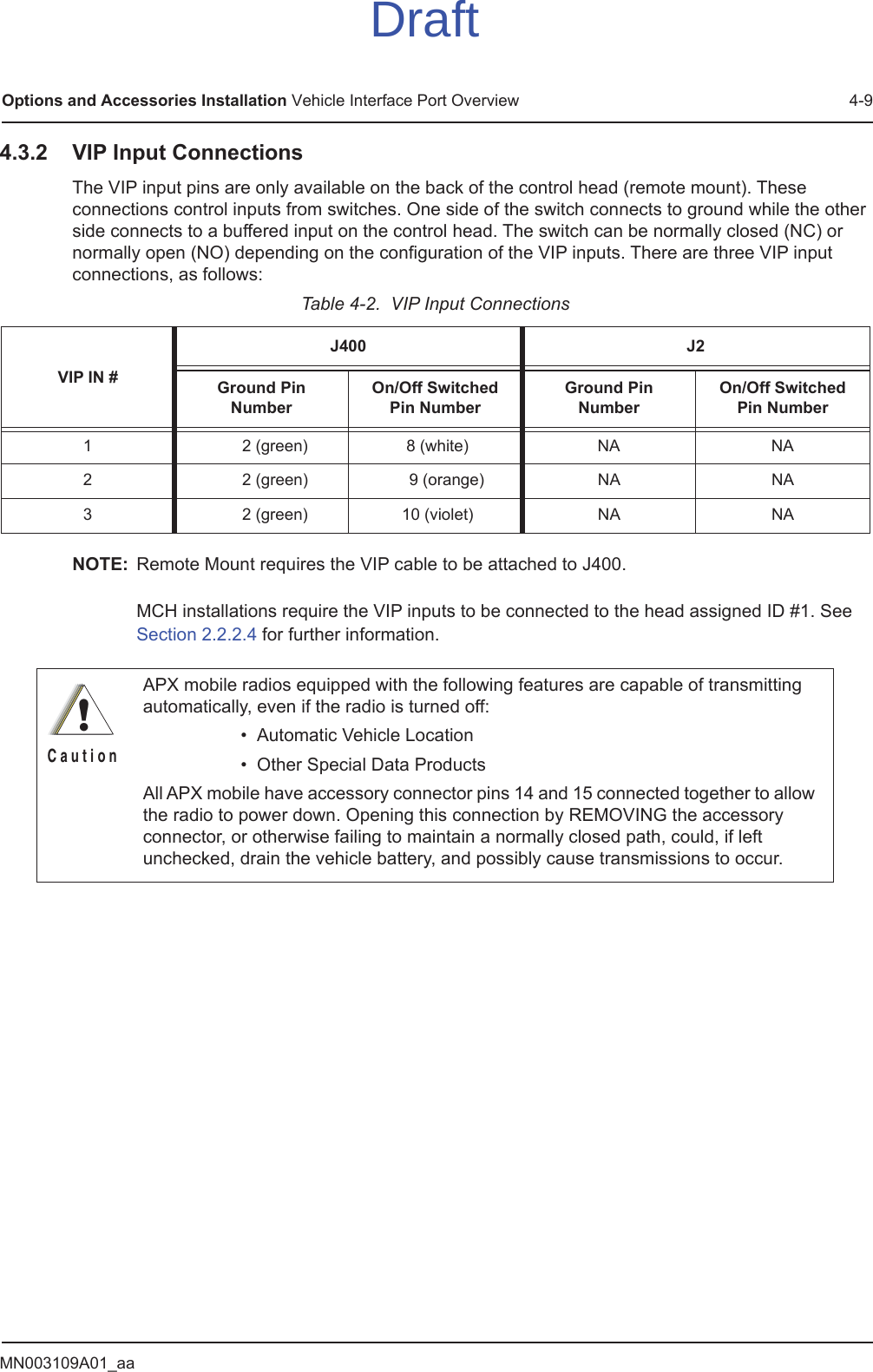 MN003109A01_aaOptions and Accessories Installation Vehicle Interface Port Overview 4-94.3.2 VIP Input ConnectionsThe VIP input pins are only available on the back of the control head (remote mount). These connections control inputs from switches. One side of the switch connects to ground while the other side connects to a buffered input on the control head. The switch can be normally closed (NC) or normally open (NO) depending on the configuration of the VIP inputs. There are three VIP input connections, as follows:NOTE: Remote Mount requires the VIP cable to be attached to J400.  MCH installations require the VIP inputs to be connected to the head assigned ID #1. See Section 2.2.2.4 for further information.Table 4-2.  VIP Input ConnectionsVIP IN #J400 J2Ground Pin NumberOn/Off Switched Pin NumberGround Pin NumberOn/Off Switched Pin Number1       2 (green)  8 (white) NA NA2       2 (green)      9 (orange) NA NA3       2 (green)  10 (violet) NA NAAPX mobile radios equipped with the following features are capable of transmitting automatically, even if the radio is turned off:• Automatic Vehicle Location• Other Special Data ProductsAll APX mobile have accessory connector pins 14 and 15 connected together to allow the radio to power down. Opening this connection by REMOVING the accessory connector, or otherwise failing to maintain a normally closed path, could, if left unchecked, drain the vehicle battery, and possibly cause transmissions to occur.!C a u t i o nDraft