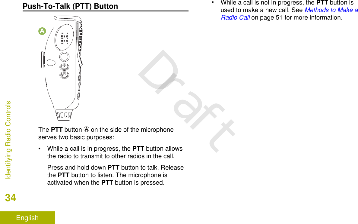 Push-To-Talk (PTT) ButtonAThe PTT button   on the side of the microphoneserves two basic purposes:•While a call is in progress, the PTT button allowsthe radio to transmit to other radios in the call.Press and hold down PTT button to talk. Releasethe PTT button to listen. The microphone isactivated when the PTT button is pressed.•While a call is not in progress, the PTT button isused to make a new call. See Methods to Make aRadio Call on page 51 for more information.Identifying Radio Controls34EnglishDraft