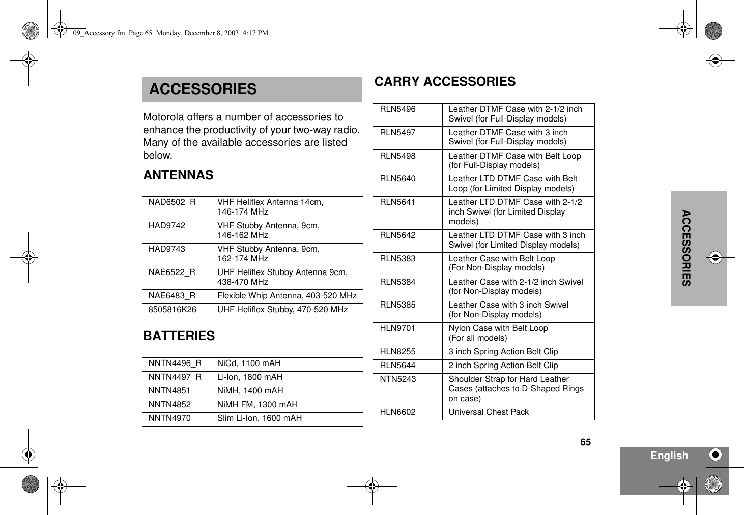 65EnglishACCESSORIESACCESSORIESMotorola offers a number of accessories to enhance the productivity of your two-way radio. Many of the available accessories are listed below.ANTENNASBATTERIESCARRY ACCESSORIESNAD6502_R VHF Heliflex Antenna 14cm, 146-174 MHzHAD9742 VHF Stubby Antenna, 9cm,146-162 MHzHAD9743 VHF Stubby Antenna, 9cm,162-174 MHzNAE6522_R UHF Heliflex Stubby Antenna 9cm, 438-470 MHzNAE6483_R Flexible Whip Antenna, 403-520 MHz8505816K26 UHF Heliflex Stubby, 470-520 MHzNNTN4496_R NiCd, 1100 mAHNNTN4497_R Li-lon, 1800 mAHNNTN4851 NiMH, 1400 mAHNNTN4852 NiMH FM, 1300 mAHNNTN4970 Slim Li-Ion, 1600 mAHRLN5496 Leather DTMF Case with 2-1/2 inch Swivel (for Full-Display models)RLN5497 Leather DTMF Case with 3 inch Swivel (for Full-Display models)RLN5498 Leather DTMF Case with Belt Loop(for Full-Display models)RLN5640 Leather LTD DTMF Case with Belt Loop (for Limited Display models)RLN5641 Leather LTD DTMF Case with 2-1/2 inch Swivel (for Limited Display models)RLN5642 Leather LTD DTMF Case with 3 inch Swivel (for Limited Display models)RLN5383 Leather Case with Belt Loop(For Non-Display models)RLN5384 Leather Case with 2-1/2 inch Swivel(for Non-Display models)RLN5385 Leather Case with 3 inch Swivel(for Non-Display models)HLN9701 Nylon Case with Belt Loop (For all models)HLN8255 3 inch Spring Action Belt ClipRLN5644 2 inch Spring Action Belt ClipNTN5243 Shoulder Strap for Hard Leather Cases (attaches to D-Shaped Rings on case)HLN6602 Universal Chest Pack09_Accessory.fm  Page 65  Monday, December 8, 2003  4:17 PM