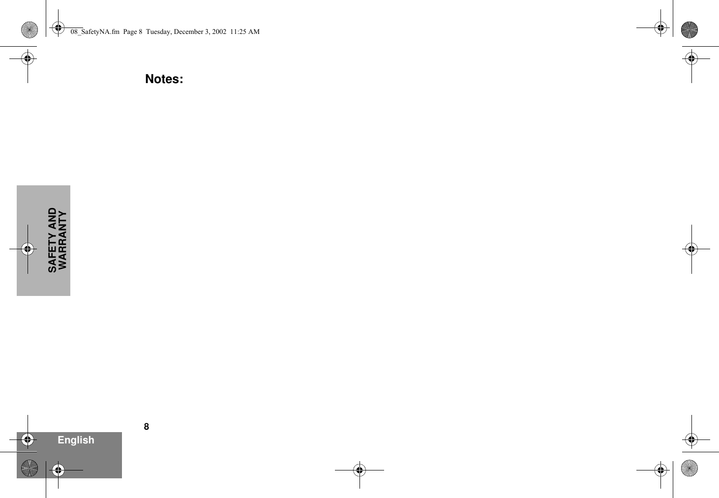 8EnglishSAFETY AND WARRANTYNotes:08_SafetyNA.fm  Page 8  Tuesday, December 3, 2002  11:25 AM