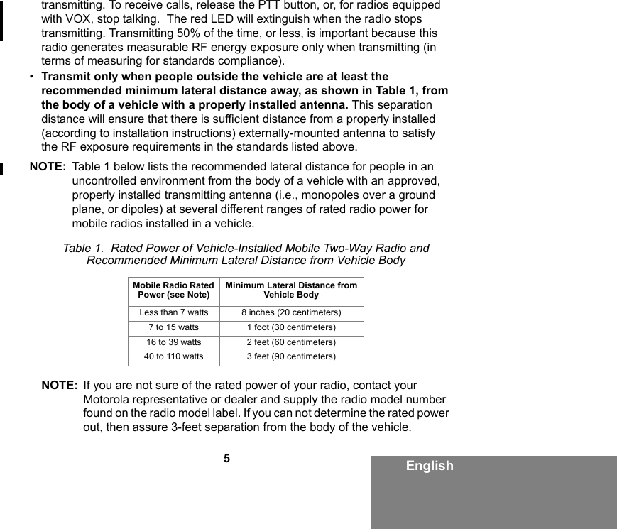 5Englishtransmitting. To receive calls, release the PTT button, or, for radios equipped with VOX, stop talking.  The red LED will extinguish when the radio stops transmitting. Transmitting 50% of the time, or less, is important because this radio generates measurable RF energy exposure only when transmitting (in terms of measuring for standards compliance).•Transmit only when people outside the vehicle are at least the recommended minimum lateral distance away, as shown in Table 1, from the body of a vehicle with a properly installed antenna. This separation distance will ensure that there is sufficient distance from a properly installed (according to installation instructions) externally-mounted antenna to satisfy the RF exposure requirements in the standards listed above.NOTE: Table 1 below lists the recommended lateral distance for people in an uncontrolled environment from the body of a vehicle with an approved, properly installed transmitting antenna (i.e., monopoles over a ground plane, or dipoles) at several different ranges of rated radio power for mobile radios installed in a vehicle.NOTE: If you are not sure of the rated power of your radio, contact your Motorola representative or dealer and supply the radio model number found on the radio model label. If you can not determine the rated power out, then assure 3-feet separation from the body of the vehicle.Table 1.  Rated Power of Vehicle-Installed Mobile Two-Way Radio and Recommended Minimum Lateral Distance from Vehicle BodyMobile Radio Rated Power (see Note)Minimum Lateral Distance from Vehicle BodyLess than 7 watts 8 inches (20 centimeters)7 to 15 watts 1 foot (30 centimeters)16 to 39 watts 2 feet (60 centimeters)40 to 110 watts 3 feet (90 centimeters)