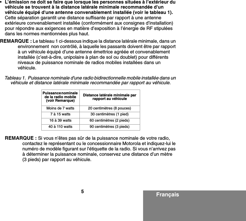 5Français•L’émission ne doit se faire que lorsque les personnes situées à l’extérieur du véhicule se trouvent à la distance latérale minimale recommandée d&apos;un véhicule équipé d&apos;une antenne convenablement installée (voir le tableau 1). Cette séparation garantit une distance suffisante par rapport à une antenne extérieure convenablement installée (conformément aux consignes d’installation) pour répondre aux exigences en matière d’exposition à l’énergie de RF stipulées dans les normes mentionnées plus haut.REMARQUE : Le tableau 1 ci-dessous indique la distance latérale minimale, dans un environnement  non contrôlé, à laquelle les passants doivent être par rapport à un véhicule équipé d’une antenne émettrice agréée et convenablement installée (c’est-à-dire, unipolaire à plan de sol ou doublet) pour différents niveaux de puissance nominale de radios mobiles installées dans un véhicule.  REMARQUE : Si vous n’êtes pas sûr de la puissance nominale de votre radio, contactez le représentant ou le concessionnaire Motorola et indiquez-lui le numéro de modèle figurant sur l&apos;étiquette de la radio. Si vous n’arrivez pas à déterminer la puissance nominale, conservez une distance d’un mètre (3 pieds) par rapport au véhicule. Tableau 1.  Puissance nominale d&apos;une radio bidirectionnelle mobile installée dans un véhicule et distance latérale minimale recommandée par rapport au véhicule.Puissance nominale de la radio mobile (voir Remarque)Distance latérale minimale par rapport au véhicule Moins de 7 watts 20 centimètres (8 pouces)7 à 15 watts 30 centimètres (1 pied)16 à 39 watts 60 centimètres (2 pieds)40 à 110 watts 90 centimètres (3 pieds)