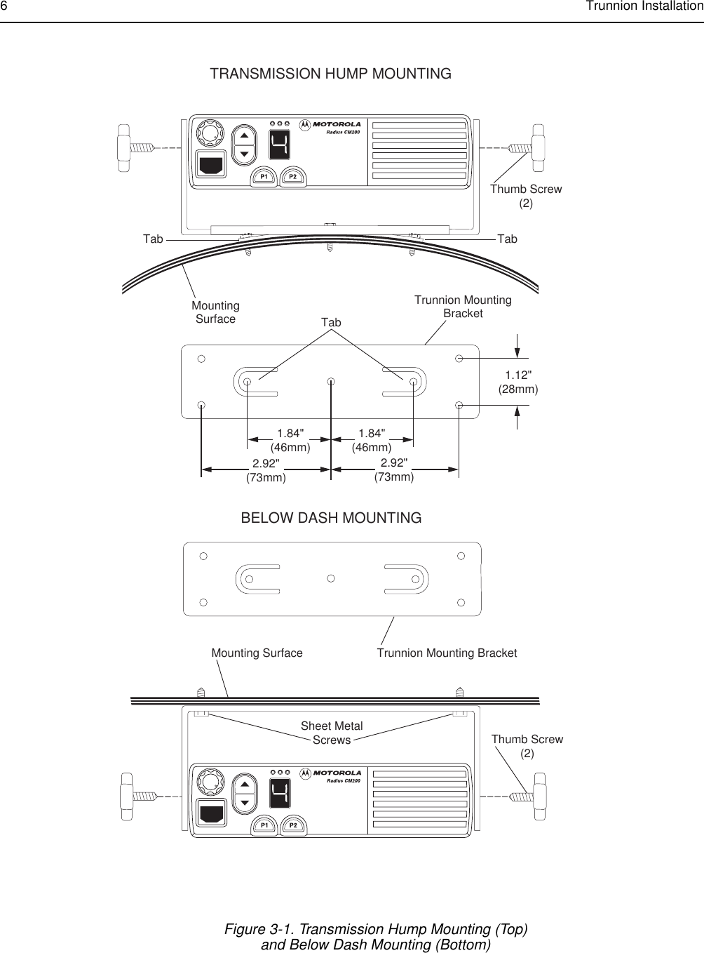 6Trunnion InstallationTabBELOW DASH MOUNTINGMounting SurfaceMountingSurfaceTabThumb Screw(2)TRANSMISSION HUMP MOUNTINGTabThumb Screw(2)Sheet MetalScrewsTrunnion MountingBracketTrunnion Mounting BracketFL0830250O -11.84&quot;(46mm)2.92&quot;(73mm) 2.92&quot;(73mm)1.84&quot;(46mm)1.12&quot;(28mm)Figure 3-1. Transmission Hump Mounting (Top)and Below Dash Mounting (Bottom)