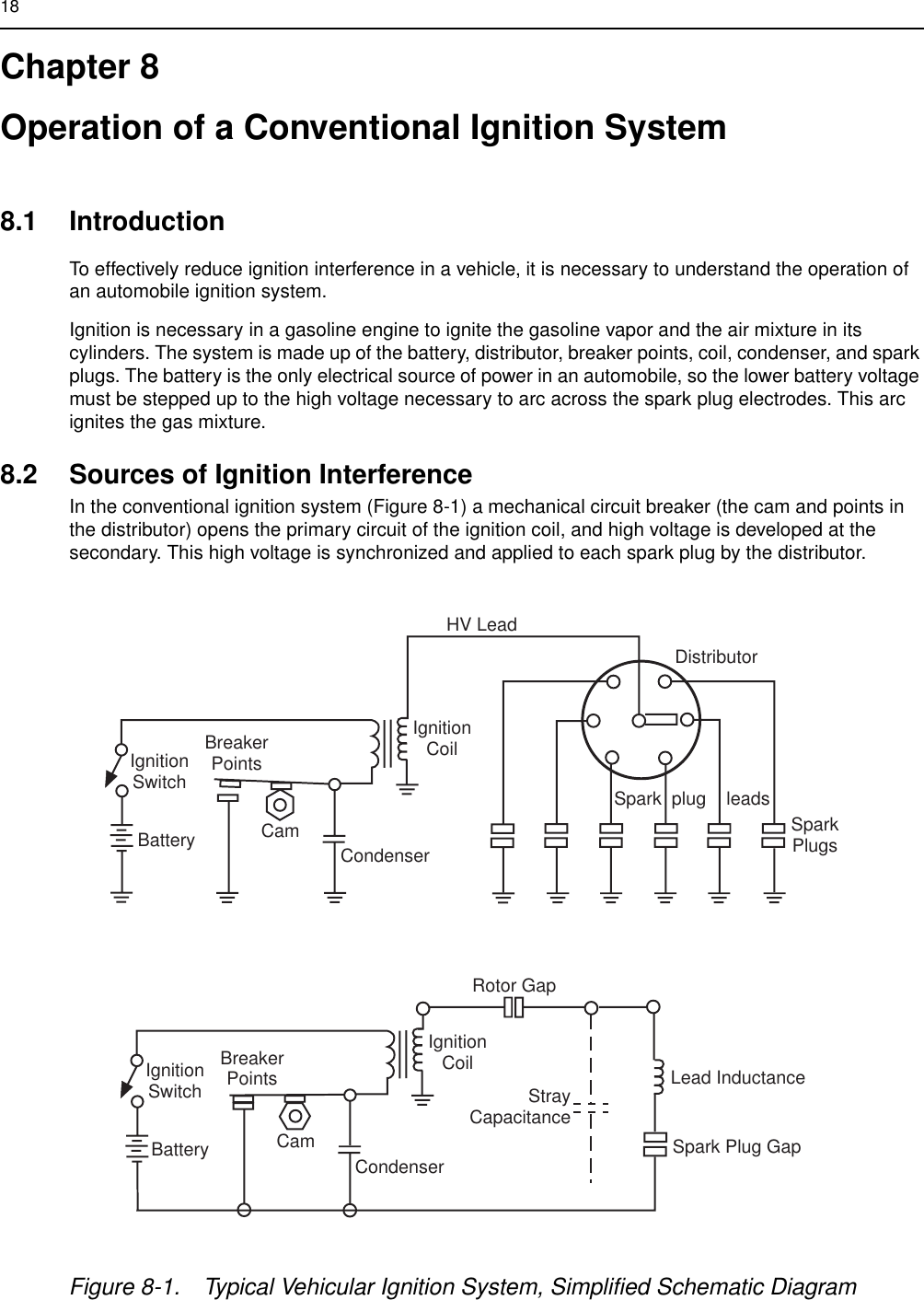 18Chapter 8Operation of a Conventional Ignition System8.1 IntroductionTo effectively reduce ignition interference in a vehicle, it is necessary to understand the operation of an automobile ignition system.Ignition is necessary in a gasoline engine to ignite the gasoline vapor and the air mixture in its cylinders. The system is made up of the battery, distributor, breaker points, coil, condenser, and spark plugs. The battery is the only electrical source of power in an automobile, so the lower battery voltage must be stepped up to the high voltage necessary to arc across the spark plug electrodes. This arc ignites the gas mixture.8.2 Sources of Ignition Interference In the conventional ignition system (Figure 8-1) a mechanical circuit breaker (the cam and points in the distributor) opens the primary circuit of the ignition coil, and high voltage is developed at the secondary. This high voltage is synchronized and applied to each spark plug by the distributor.Figure 8-1. Typical Vehicular Ignition System, Simplified Schematic Diagram HV LeadDistributorSpark  plug    leadsSparkPlugsIgnitionCoilCondenserCamBreakerPointsIgnitionSwitchBatteryIgnitionCoilCondenserStrayCapacitanceCamBreakerPointsIgnitionSwitchBatteryRotor GapLead InductanceSpark Plug GapFL0830261-O