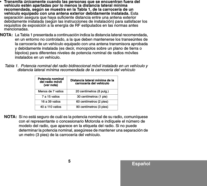 5Español•Transmita únicamente cuando las personas que se encuentran fuera del vehículo estén apartadas por lo menos la distancia lateral mínima recomendada, según se muestra en la Tabla 1, de la carrocería de un vehículo equipado con una antena exterior debidamente instalada. Esta separación asegura que haya suficiente distancia entre una antena exterior debidamente instalada (según las instrucciones de instalación) para satisfacer los requisitos de exposición a la energía de RF estipulados en las normas antes mencionadas.NOTA: La Tabla 1 presentada a continuación indica la distancia lateral recomendada, en un entorno no controlado, a la que deben mantenerse los transeúntes de la carrocería de un vehículo equipado con una antena transmisora aprobada y debidamente instalada (es decir, monopolos sobre un plano de tierra o bipolos) para diferentes niveles de potencia nominal de radios móviles instalados en un vehículo.NOTA: Si no está seguro de cuál es la potencia nominal de su radio, comuníquese con el representante o concesionario Motorola e indíquele el número de modelo del radio, que aparece en la etiqueta del radio. Si no puede determinar la potencia nominal, asegúrese de mantener una separación de un metro (3 pies) de la carrocería del vehículo.Tabla 1.  Potencia nominal del radio bidireccional móvil instalado en un vehículo y distancia lateral mínima recomendada de la carrocería del vehículoPotencia nominal del radio móvil (ver nota)Distancia lateral mínima de la carrocería del vehículoMenos de 7 vatios 20 centímetros (8 pulg.)7 a 15 vatios 30 centímetros (1 pie)16 a 39 vatios 60 centímetros (2 pies)40 a 110 vatios 90 centímetros (3 pies)