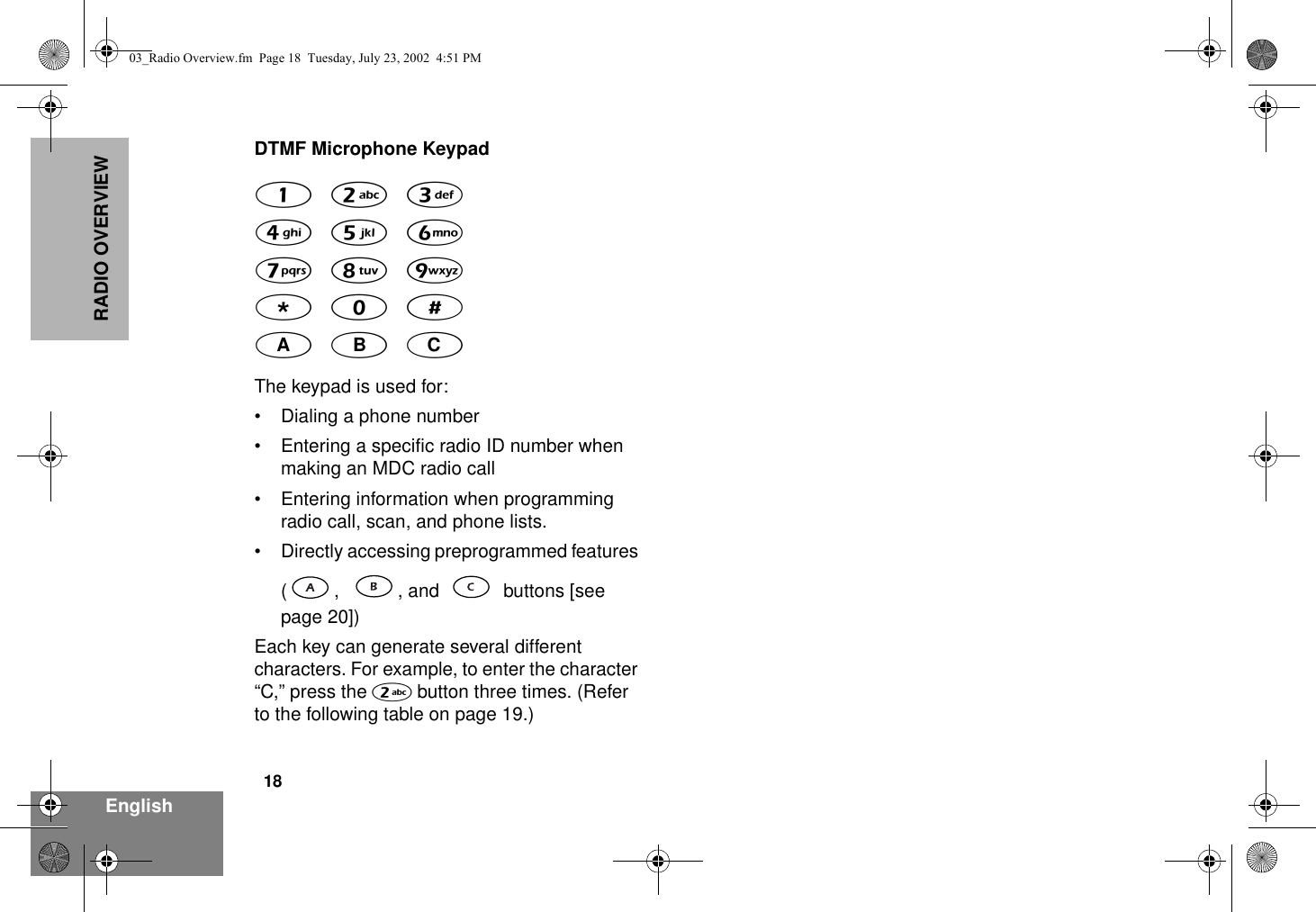 18EnglishRADIO OVERVIEWDTMF Microphone Keypad The keypad is used for:• Dialing a phone number• Entering a specific radio ID number when making an MDC radio call • Entering information when programming radio call, scan, and phone lists.• Directly accessing preprogrammed features ( ,   , and     buttons [see page 20])Each key can generate several different characters. For example, to enter the character “C,” press the 2 button three times. (Refer to the following table on page 19.)123456789*0#***A B C03_Radio Overview.fm  Page 18  Tuesday, July 23, 2002  4:51 PM