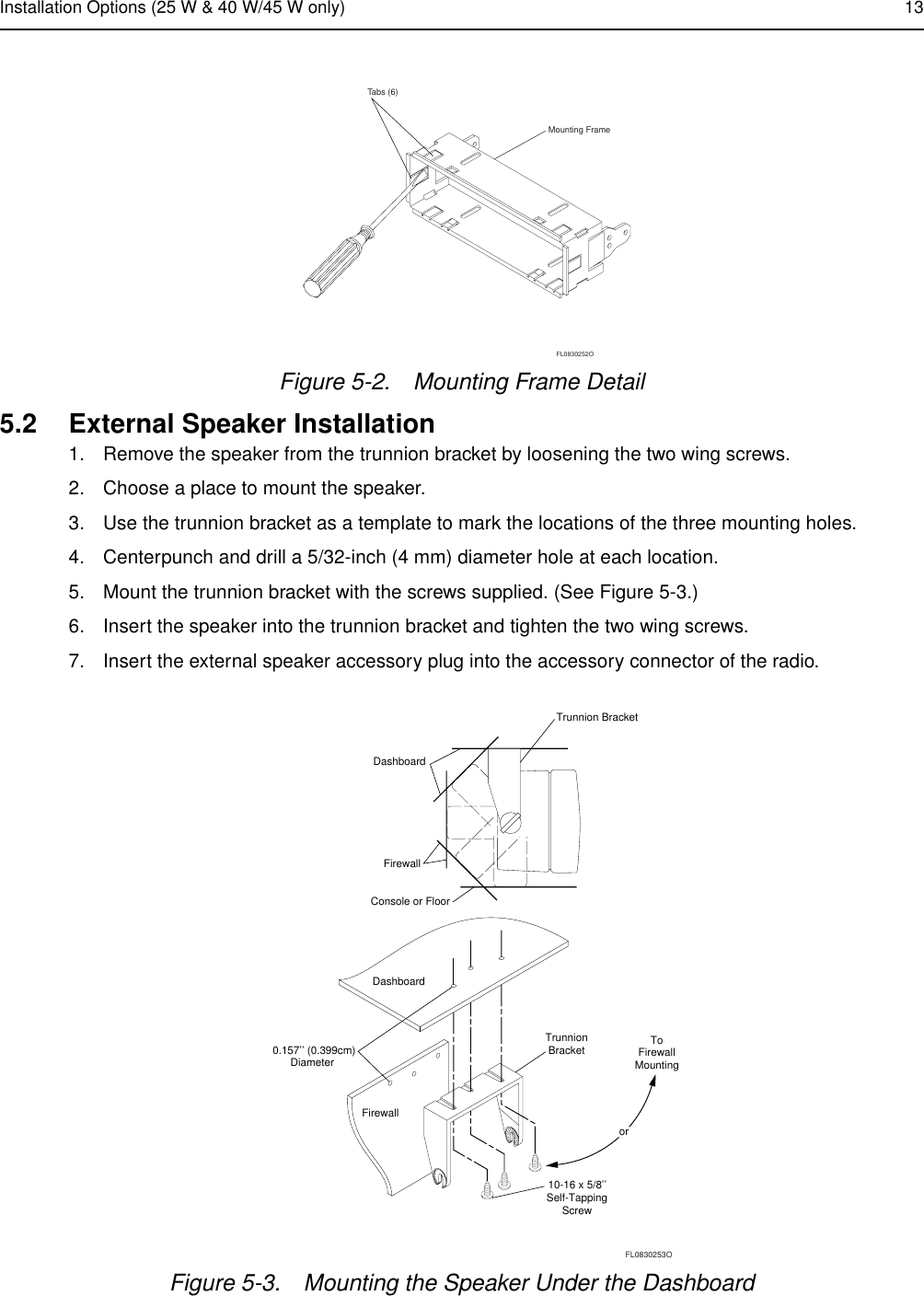 Installation Options (25 W &amp; 40 W/45 W only) 135.2 External Speaker Installation1. Remove the speaker from the trunnion bracket by loosening the two wing screws. 2. Choose a place to mount the speaker.3. Use the trunnion bracket as a template to mark the locations of the three mounting holes.4. Centerpunch and drill a 5/32-inch (4 mm) diameter hole at each location.5. Mount the trunnion bracket with the screws supplied. (See Figure 5-3.)6. Insert the speaker into the trunnion bracket and tighten the two wing screws.7. Insert the external speaker accessory plug into the accessory connector of the radio.Figure 5-2. Mounting Frame DetailFigure 5-3. Mounting the Speaker Under the DashboardTabs (6)Mounting FrameFL0830252ODashboardFirewallTrunnion BracketToFirewallMountingorDashboardFirewall10-16 x 5/8’’Self-TappingScrew0.157’’ (0.399cm)Diameter TrunnionBracketConsole or FloorFL0830253O