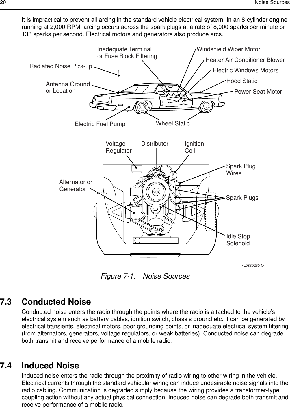 20 Noise SourcesIt is impractical to prevent all arcing in the standard vehicle electrical system. In an 8-cylinder enginerunning at 2,000 RPM, arcing occurs across the spark plugs at a rate of 8,000 sparks per minute or133 sparks per second. Electrical motors and generators also produce arcs.7.3 Conducted NoiseConducted noise enters the radio through the points where the radio is attached to the vehicle’selectrical system such as battery cables, ignition switch, chassis ground etc. It can be generated byelectrical transients, electrical motors, poor grounding points, or inadequate electrical system ﬁltering(from alternators, generators, voltage regulators, or weak batteries). Conducted noise can degradeboth transmit and receive performance of a mobile radio.7.4 Induced NoiseInduced noise enters the radio through the proximity of radio wiring to other wiring in the vehicle.Electrical currents through the standard vehicular wiring can induce undesirable noise signals into theradio cabling. Communication is degraded simply because the wiring provides a transformer-typecoupling action without any actual physical connection. Induced noise can degrade both transmit andreceive performance of a mobile radio.Figure 7-1. Noise SourcesSpark PlugsIdle StopSolenoidFL0830260-OSpark PlugWiresAlternator orGeneratorVoltageRegulator Distributor IgnitionCoilWheel StaticElectric Fuel PumpAntenna Groundor LocationRadiated Noise Pick-upInadequate Terminalor Fuse Block Filtering Windshield Wiper MotorHeater Air Conditioner BlowerElectric Windows MotorsHood StaticPower Seat Motor
