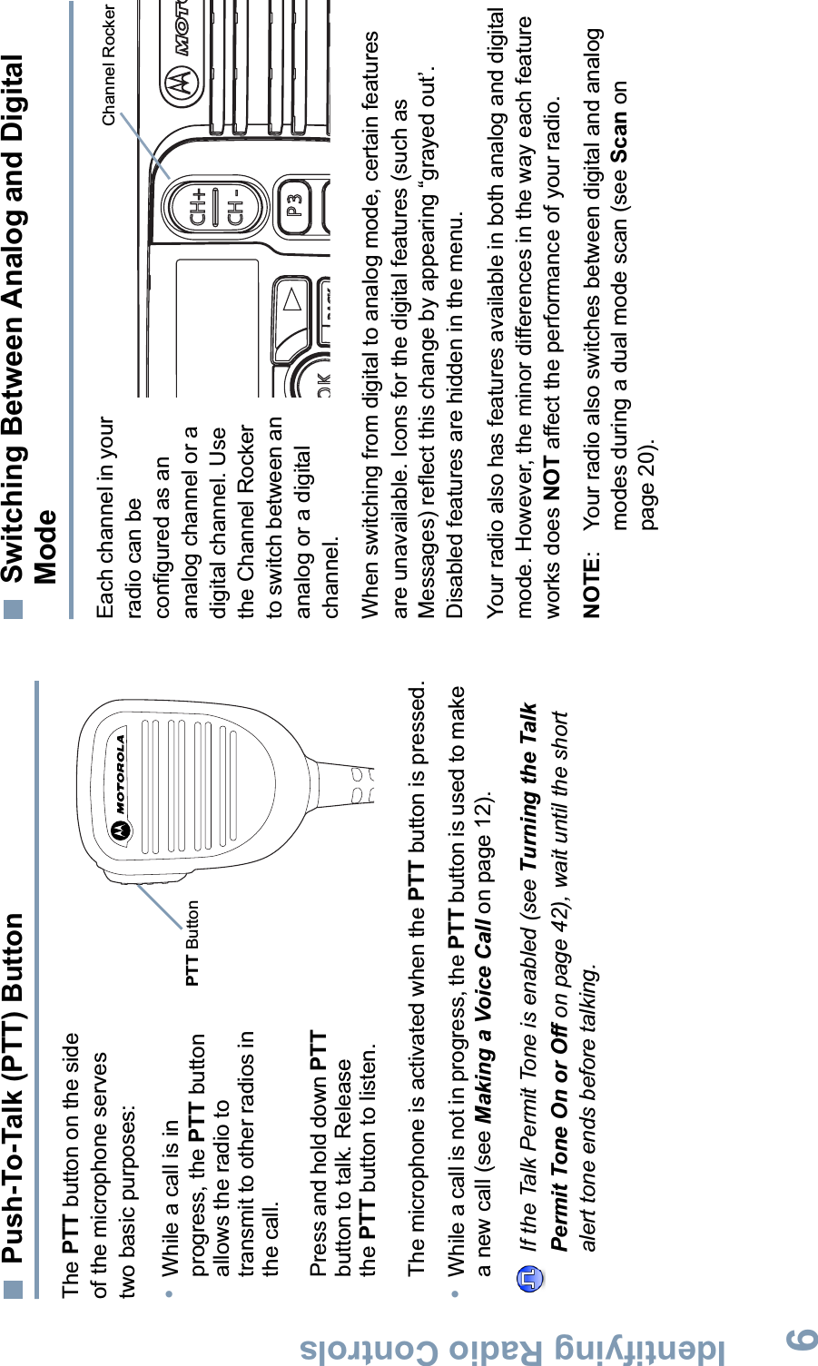 Identifying Radio ControlsEnglish6Push-To-Talk (PTT) ButtonThe PTT button on the side of the microphone serves two basic purposes:•While a call is in progress, the PTT button allows the radio to transmit to other radios in the call.Press and hold down PTTbutton to talk. Release the PTT button to listen.The microphone is activated when the PTT button is pressed.•While a call is not in progress, the PTT button is used to make a new call (see Making a Voice Call on page 12). If the Talk Permit Tone is enabled (see Turning the Talk Permit Tone On or Off on page 42), wait until the short alert tone ends before talking.Switching Between Analog and Digital ModeEach channel in your radio can be configured as an analog channel or a digital channel. Use the Channel Rocker to switch between an analog or a digital channel.When switching from digital to analog mode, certain features are unavailable. Icons for the digital features (such as Messages) reflect this change by appearing “grayed out’. Disabled features are hidden in the menu.Your radio also has features available in both analog and digital mode. However, the minor differences in the way each feature works does NOT affect the performance of your radio.NOTE: Your radio also switches between digital and analog modes during a dual mode scan (see Scan on page 20). PTT ButtonOKP3P4CH+BACKCH -Channel Rocker 